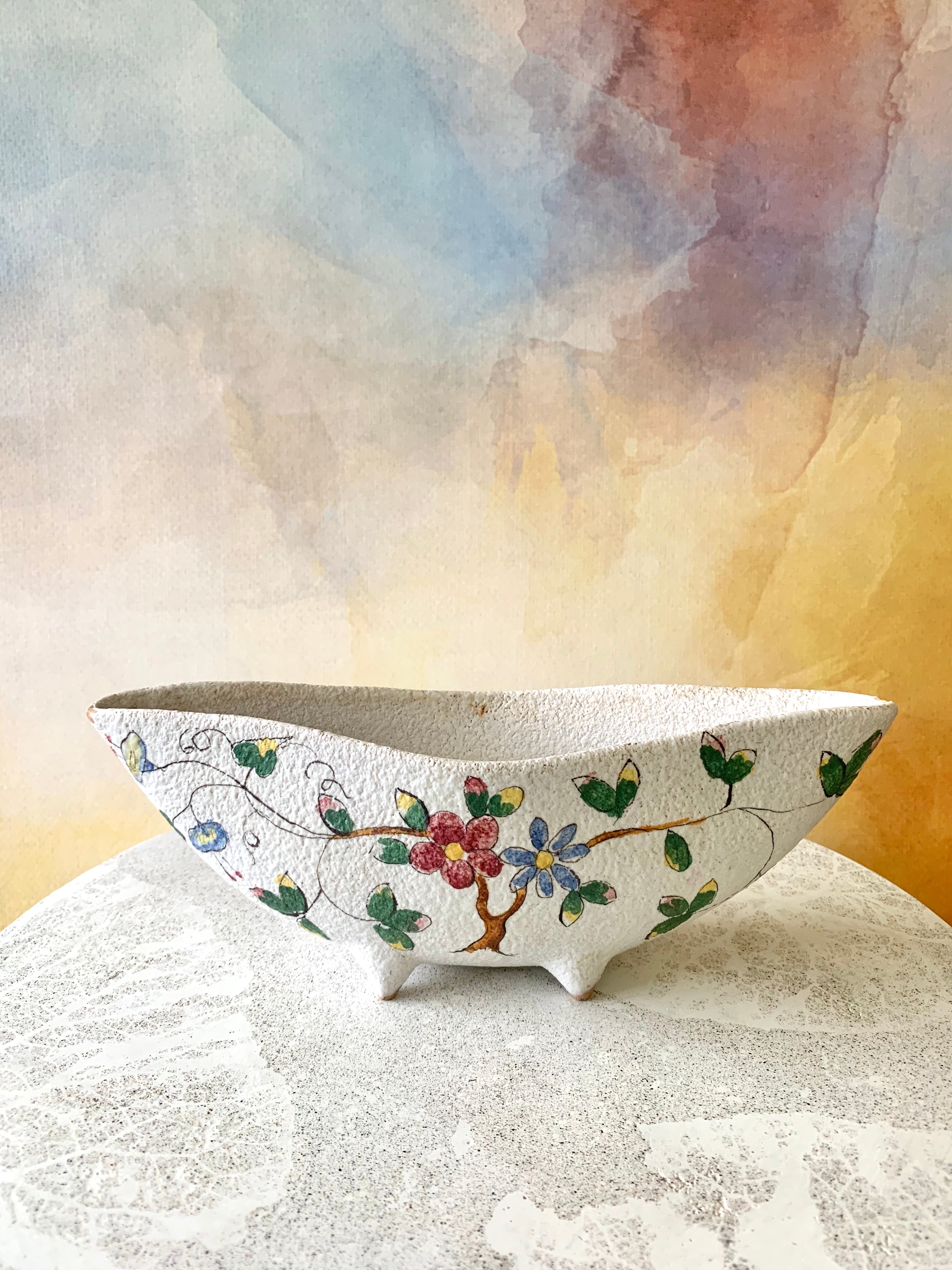 Hand Painted Artisan Footed Terracotta Planter / Container