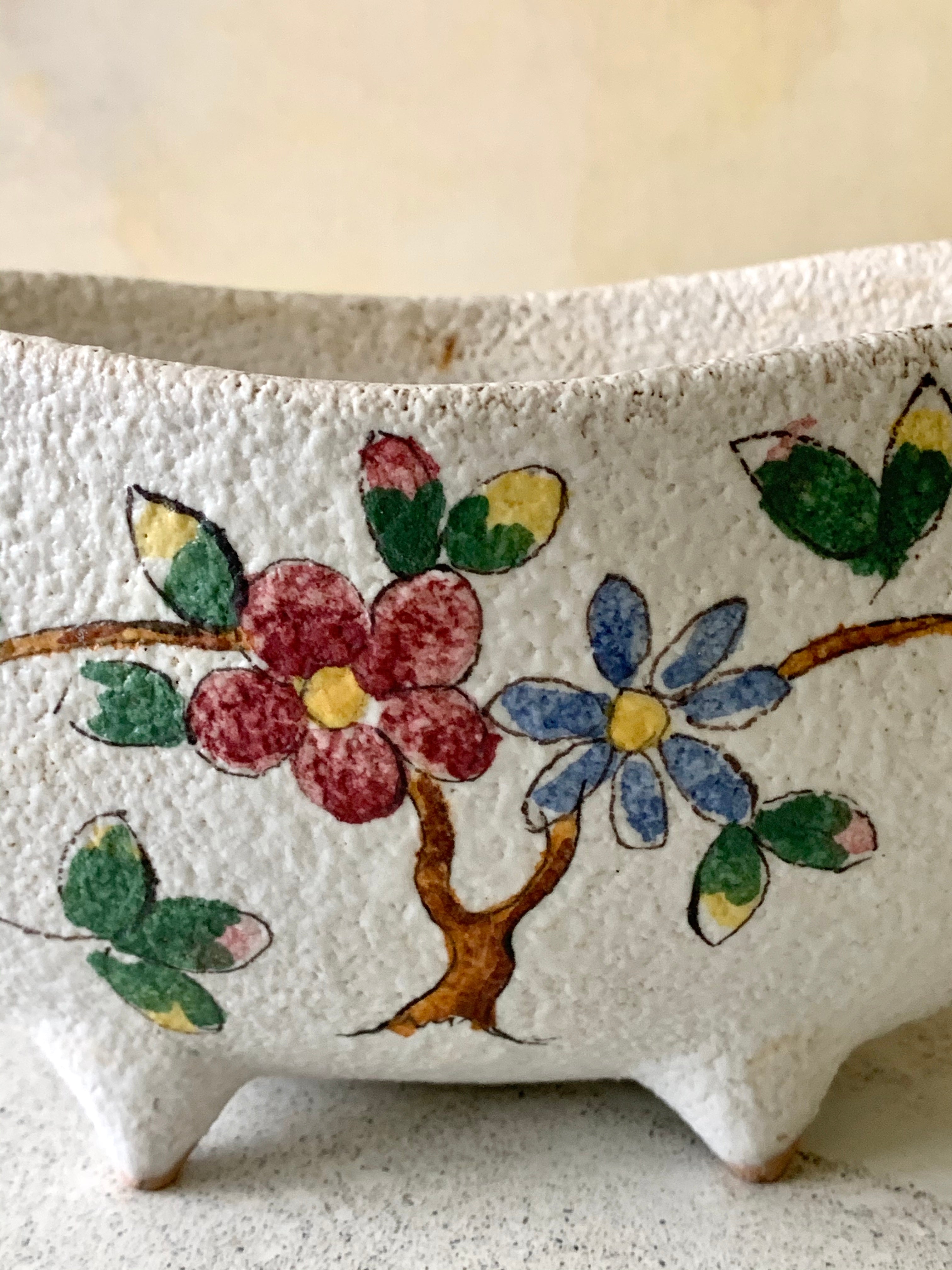 Hand painted Artisan Footed Terracotta Planter (Nature Floral Bird)