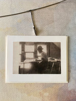 Load image into Gallery viewer, Vintage Inspired Greeting Card Man in Artisan Workspace Studio
