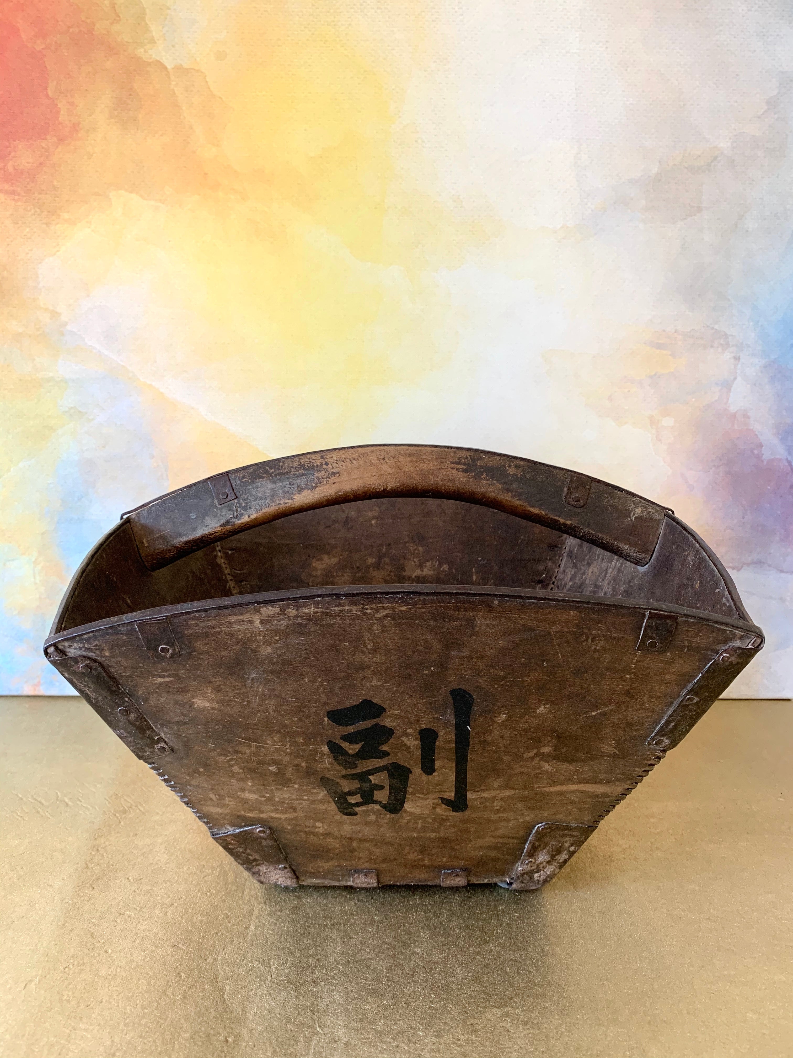 Vintage Asian Harvest (Rice / Grain) Basket Wood w/ Iron Accents