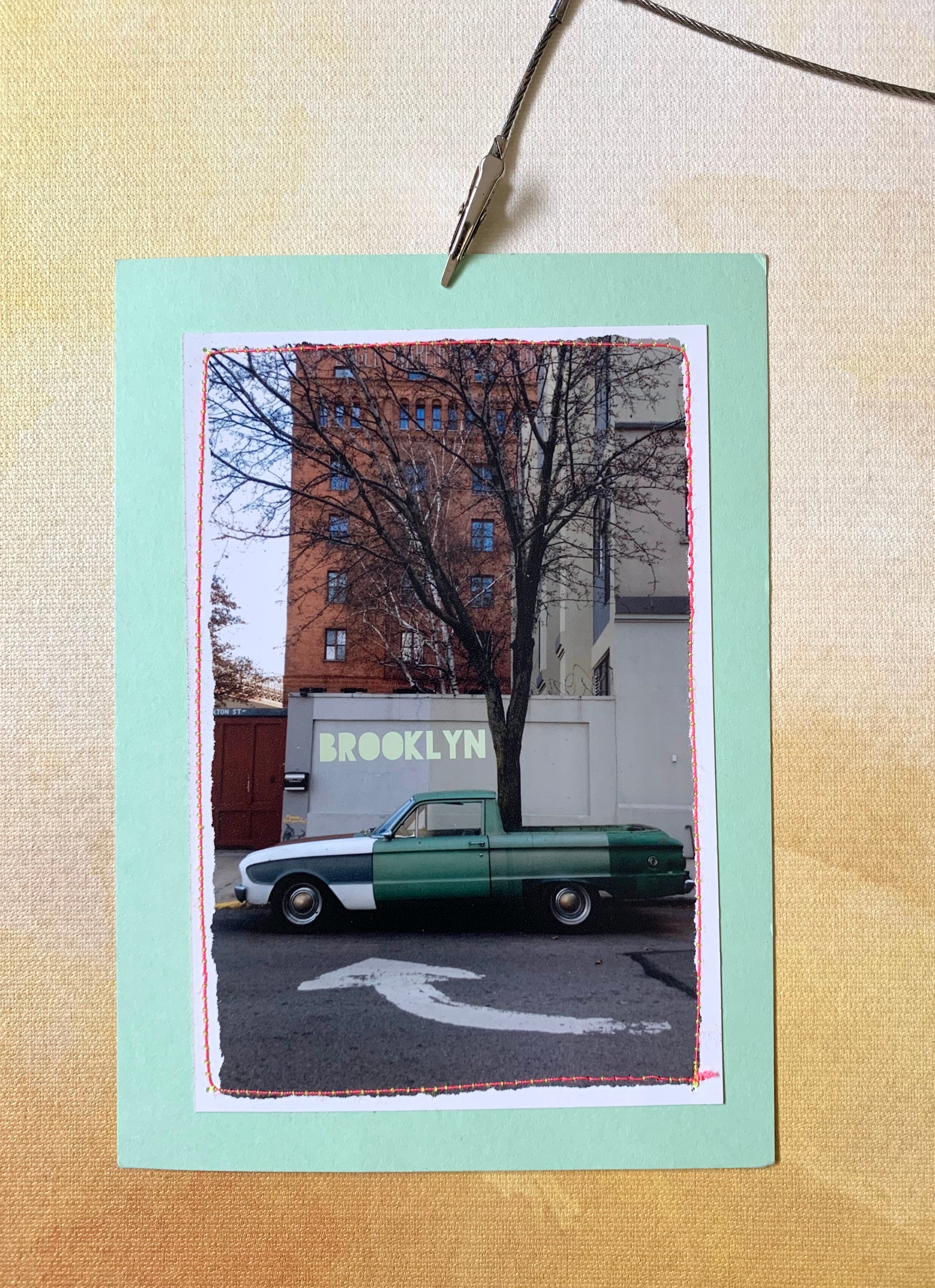 Oversized Handmade Postcard "Brooklyn" Green Vintage Car