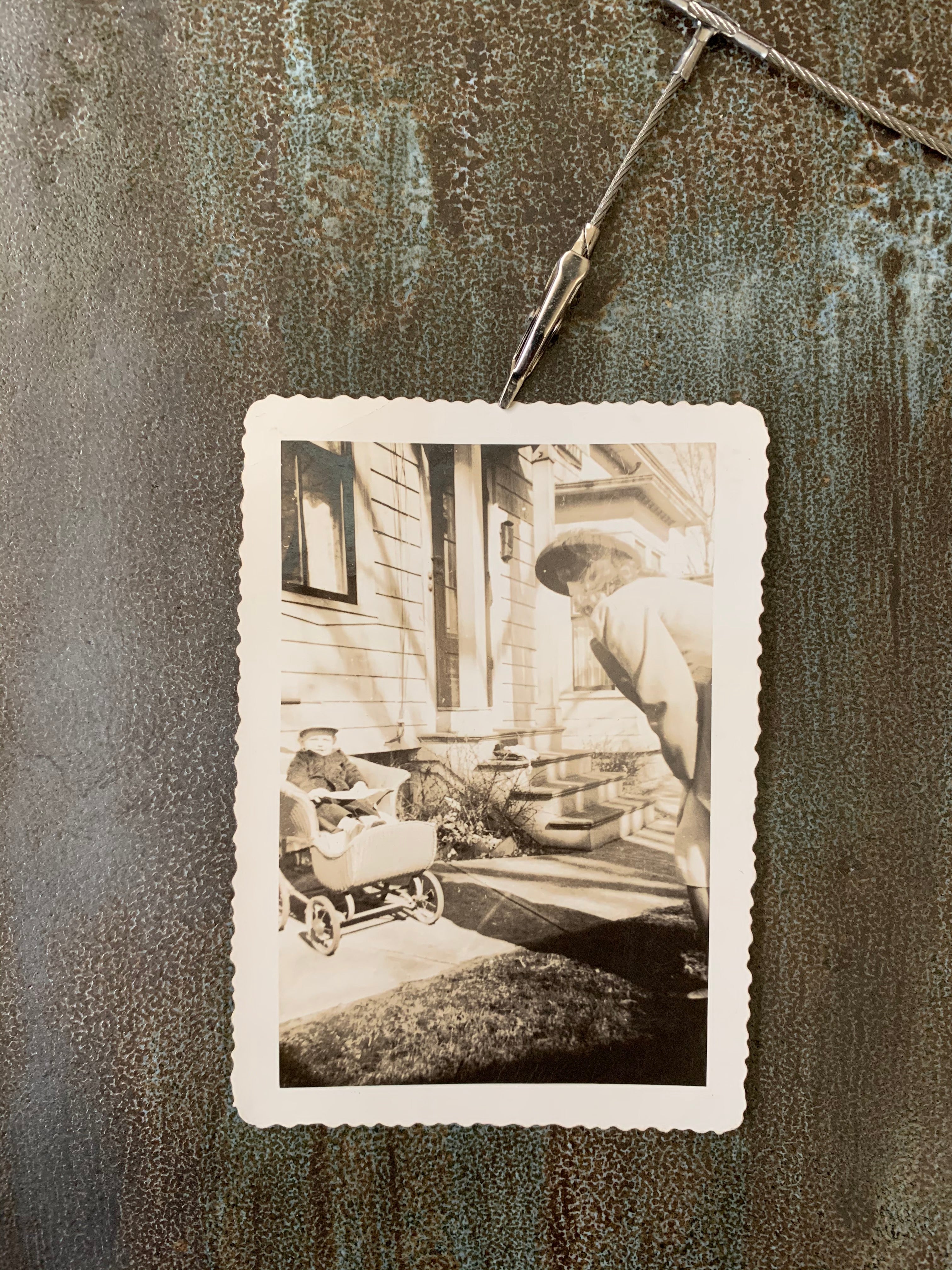 Vintage Black & White Photograph of Woman & Baby in Carriage; "Peter Pan Print 1947"