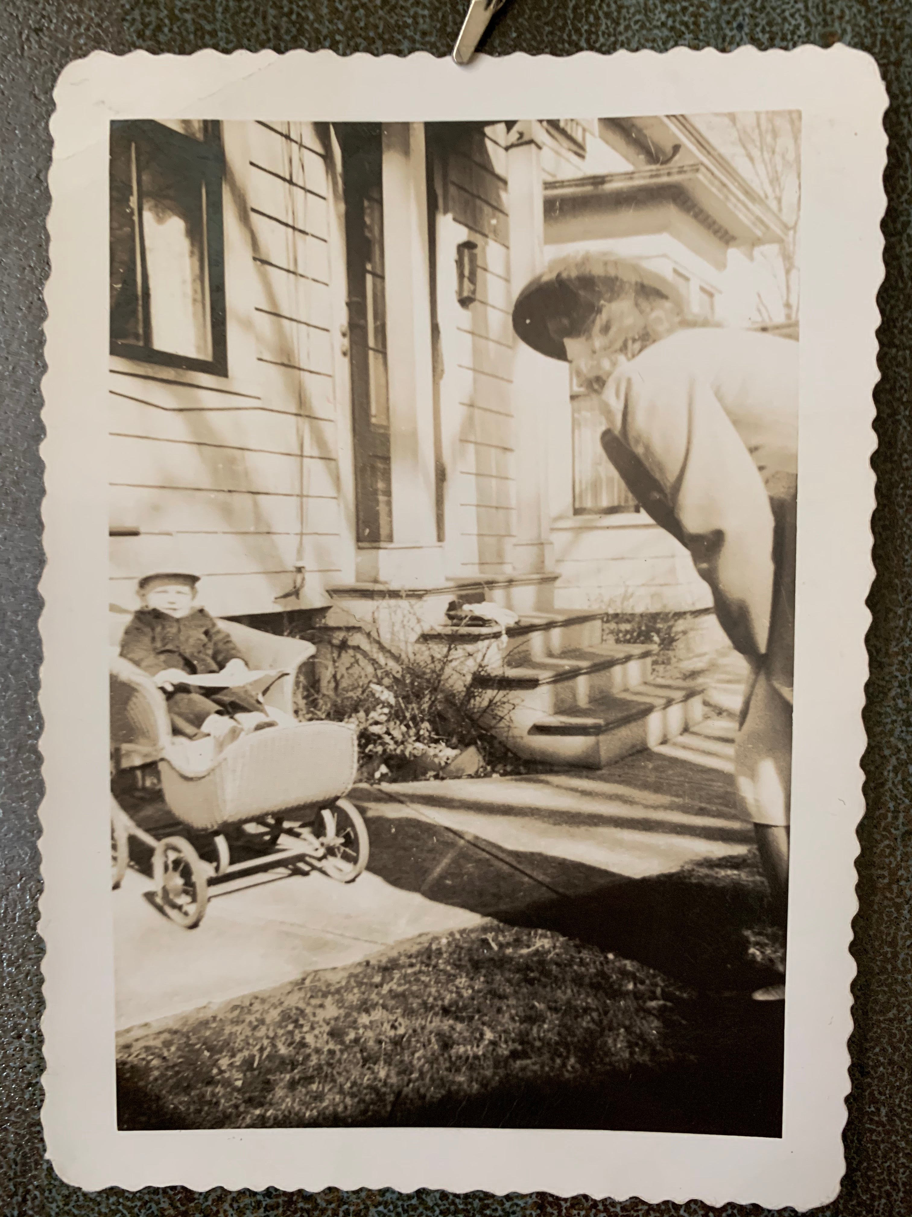 Vintage Black & White Photograph of Woman & Baby in Carriage; "Peter Pan Print 1947"