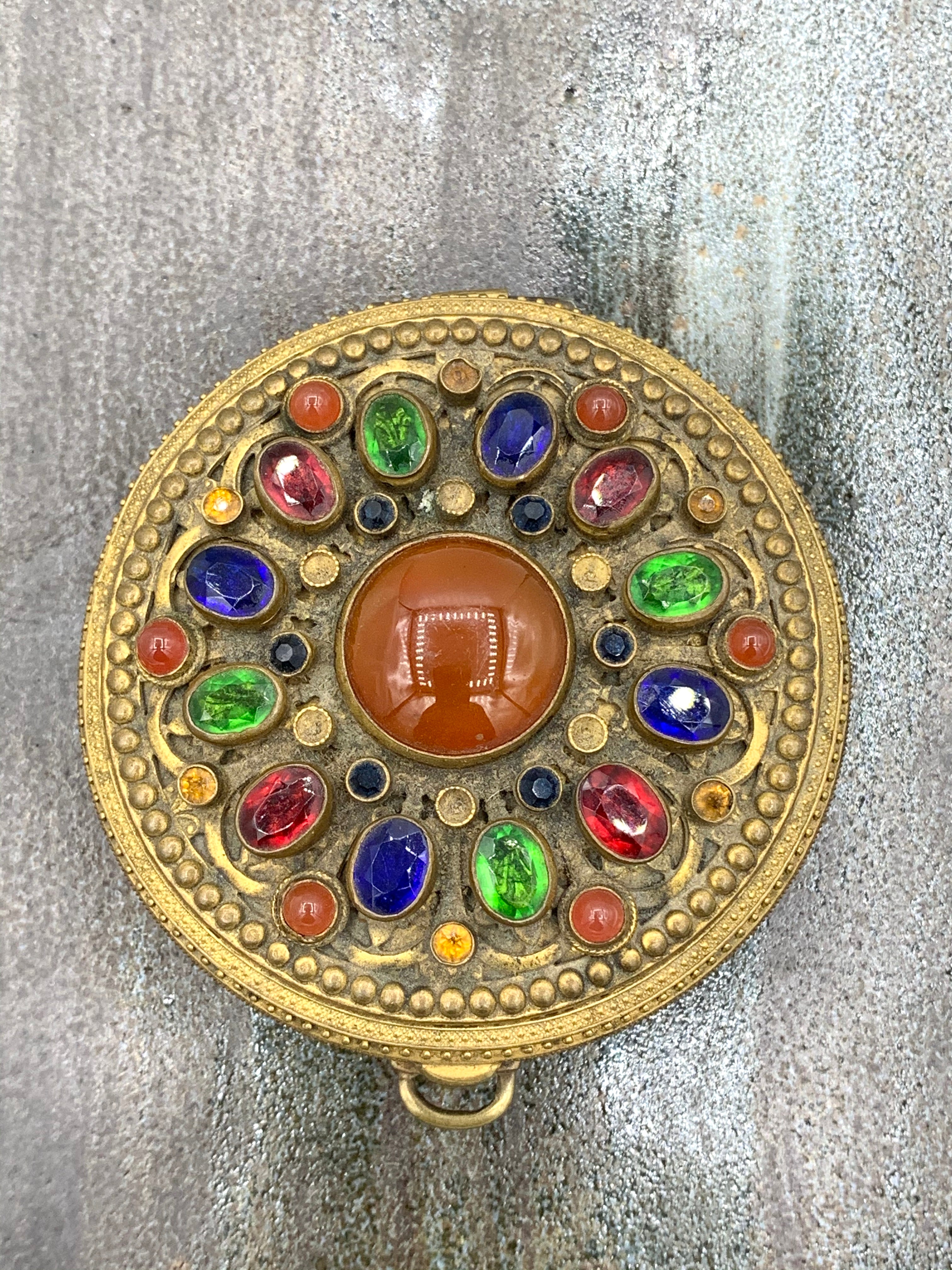 Vintage Brass Compact w/ Amber and Rhinestones