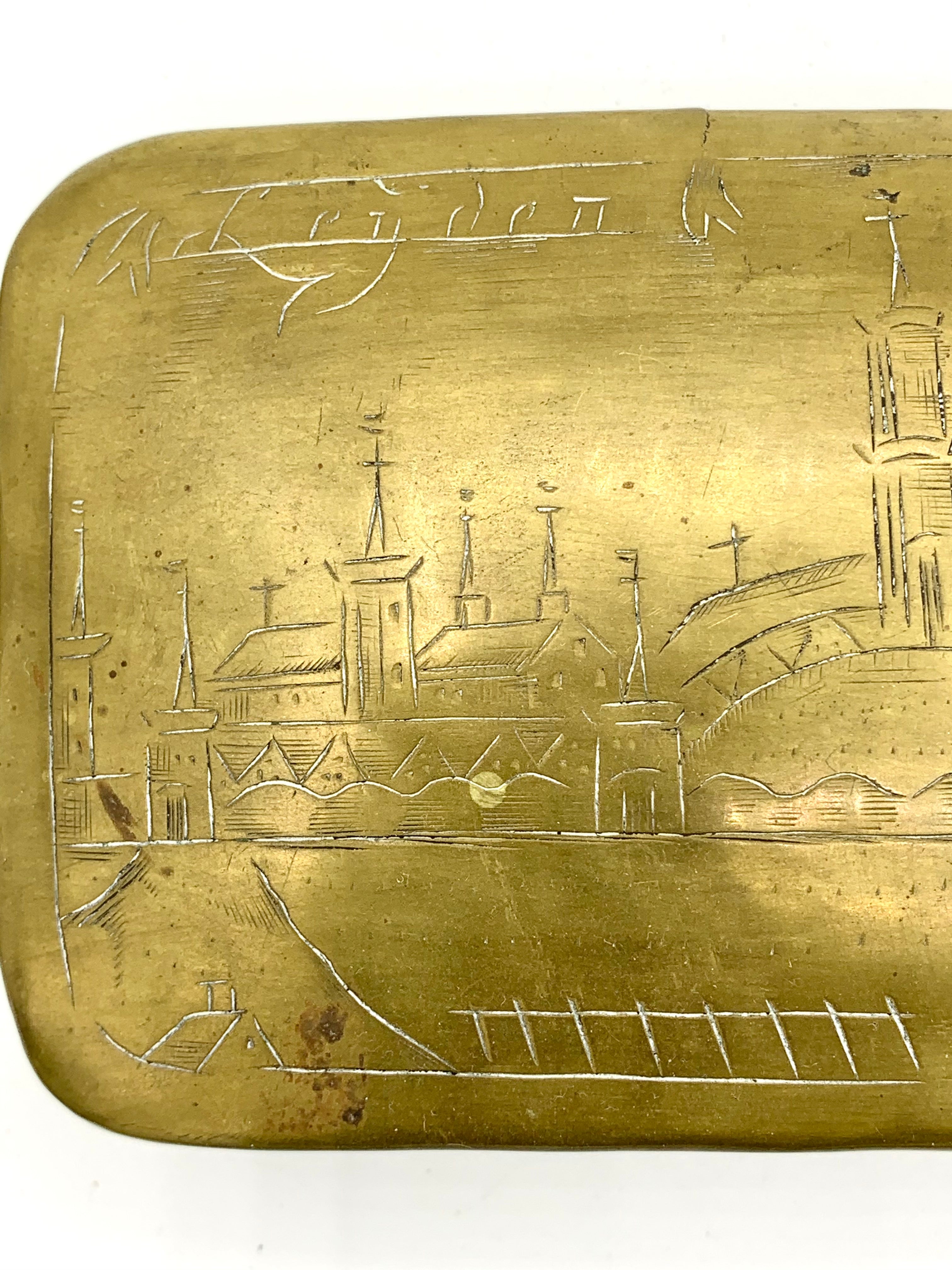 Antique Dutch Brass Tobacco Box; Leyden Netherlands