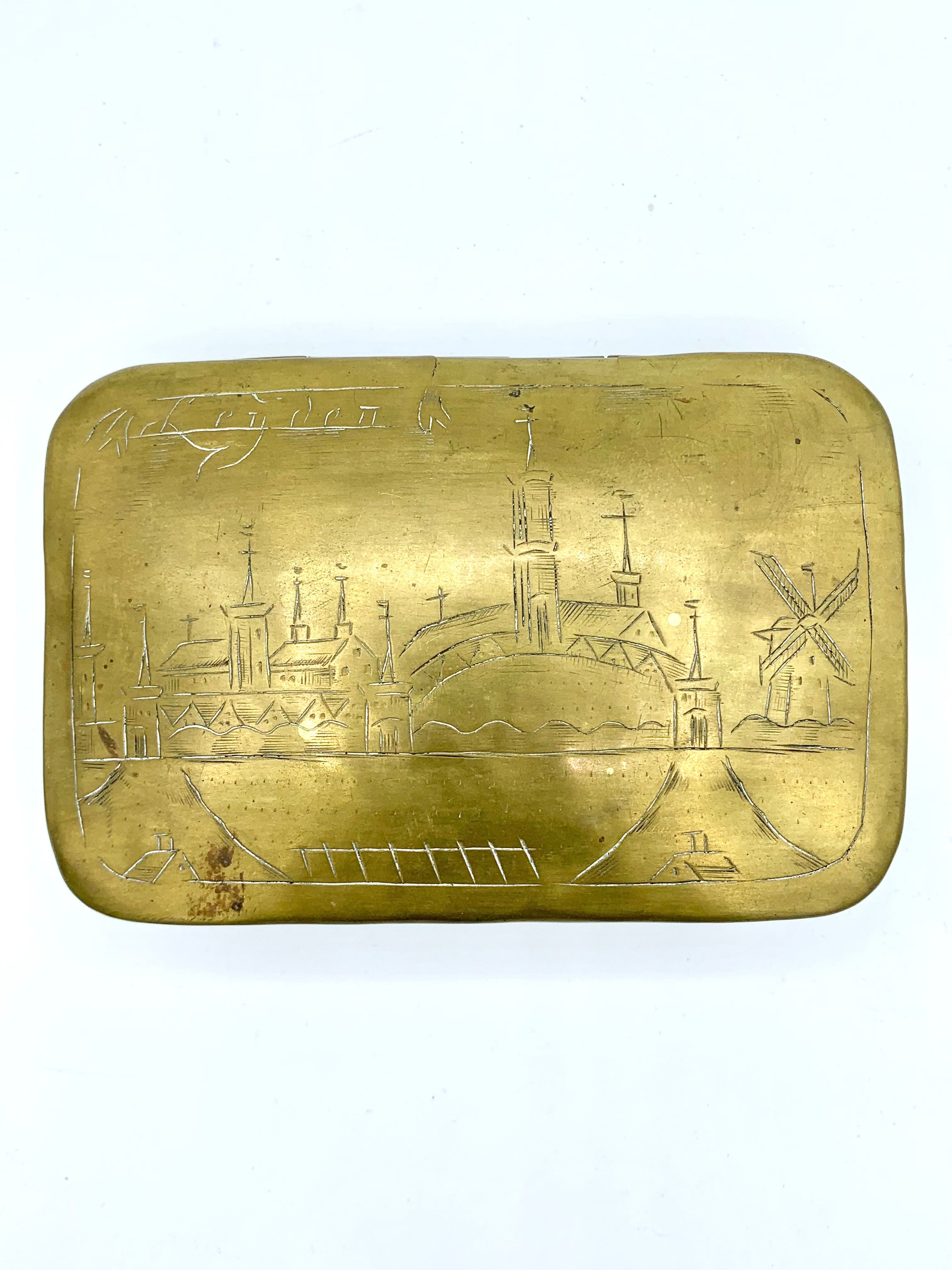 Antique Dutch Brass Tobacco Box; Leyden Netherlands