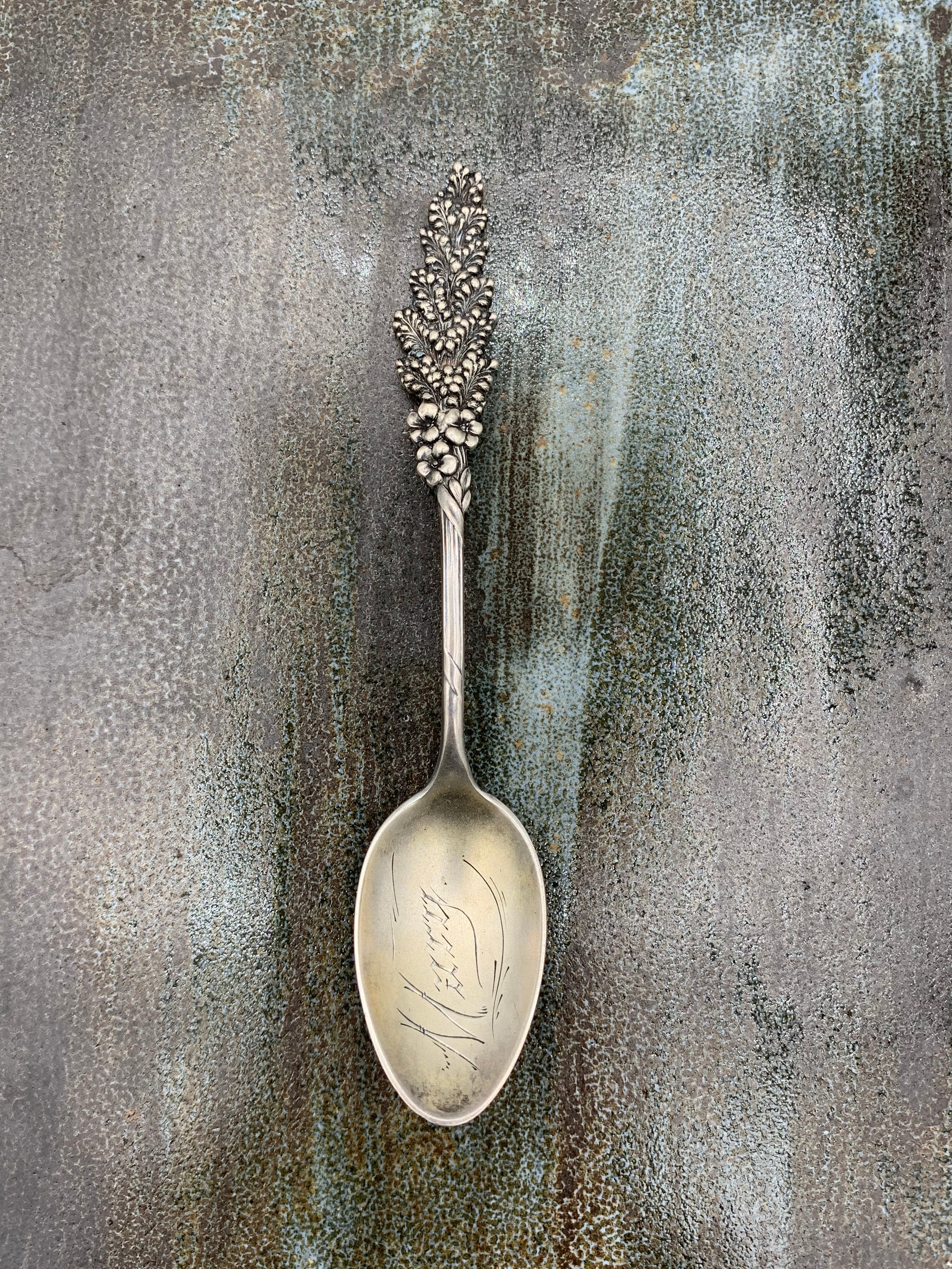 Engraved Sterling Silver Spoon w/ Flower Design Handle