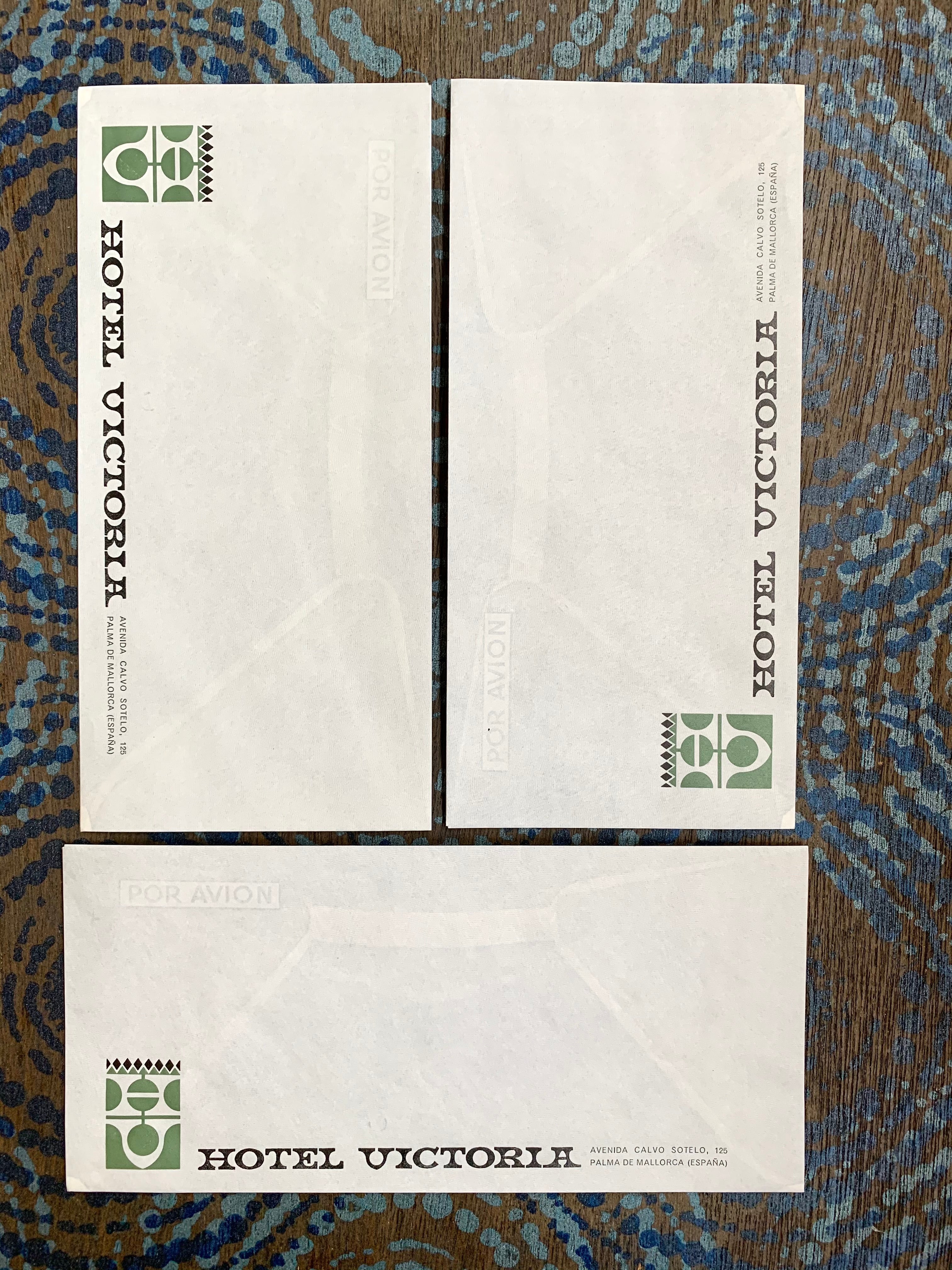 Hotel Victoria (España) Vintage Retro Stationary Envelopes Palma De Mallorca España Por Avion (Set of 3) Legal Size 4 1/4 x 9 Inches