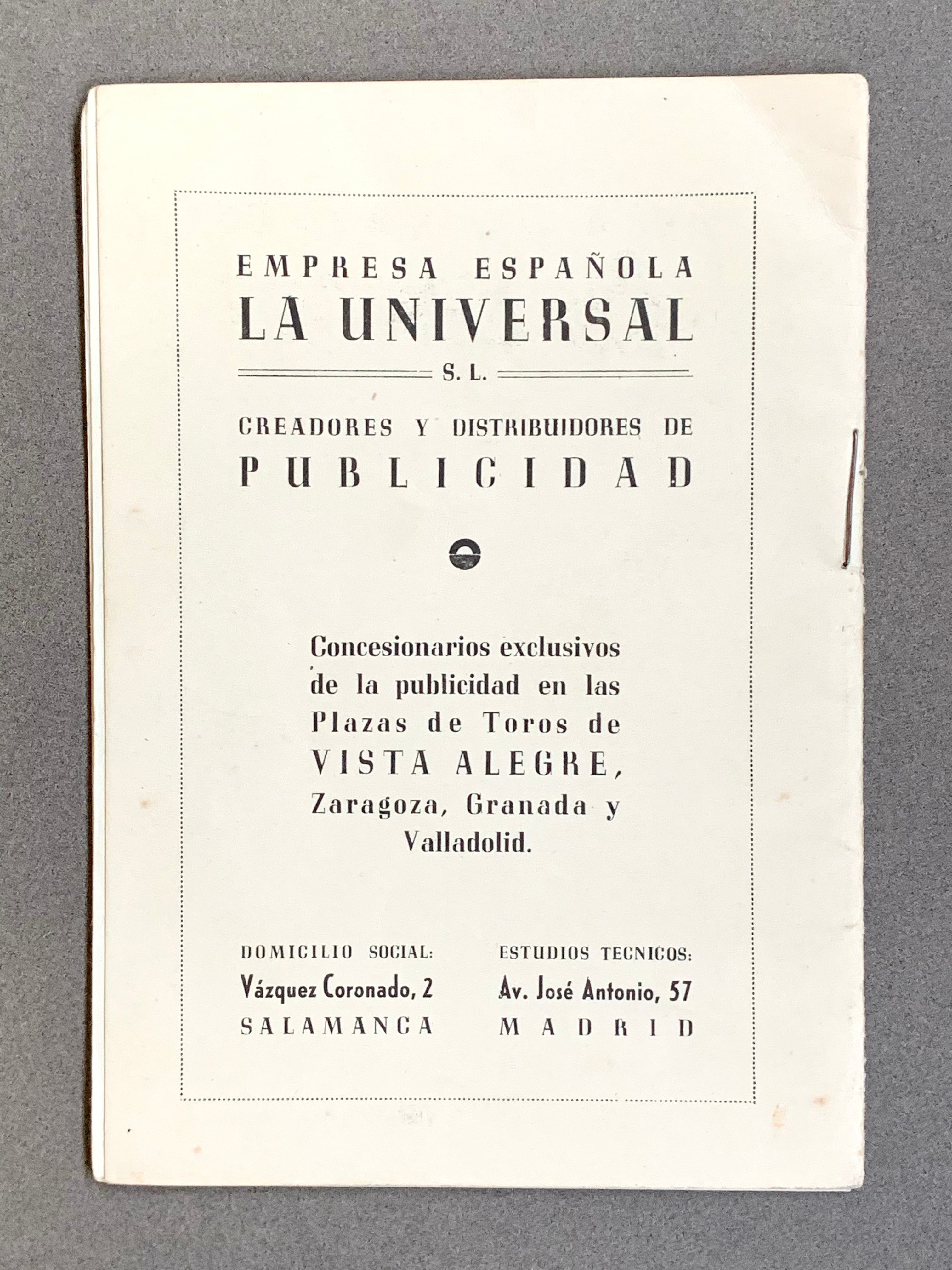 Plaza de Toros de Vista Alegre; Temporada 1949; Programa Oficial; Collectible Paper Ephemera Spain; Matador; Bullfighter