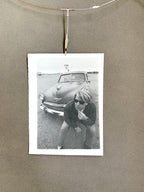 Black and White Photograph of Man w/ Vintage Classic Car; Fina Station Sign