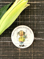 Load image into Gallery viewer, Face The World - It Loves You! Vintage Norcross Inc. Pinback Button Girl w/ Flowers

