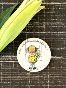 Face The World - It Loves You! Vintage Norcross Inc. Pinback Button Girl w/ Flowers