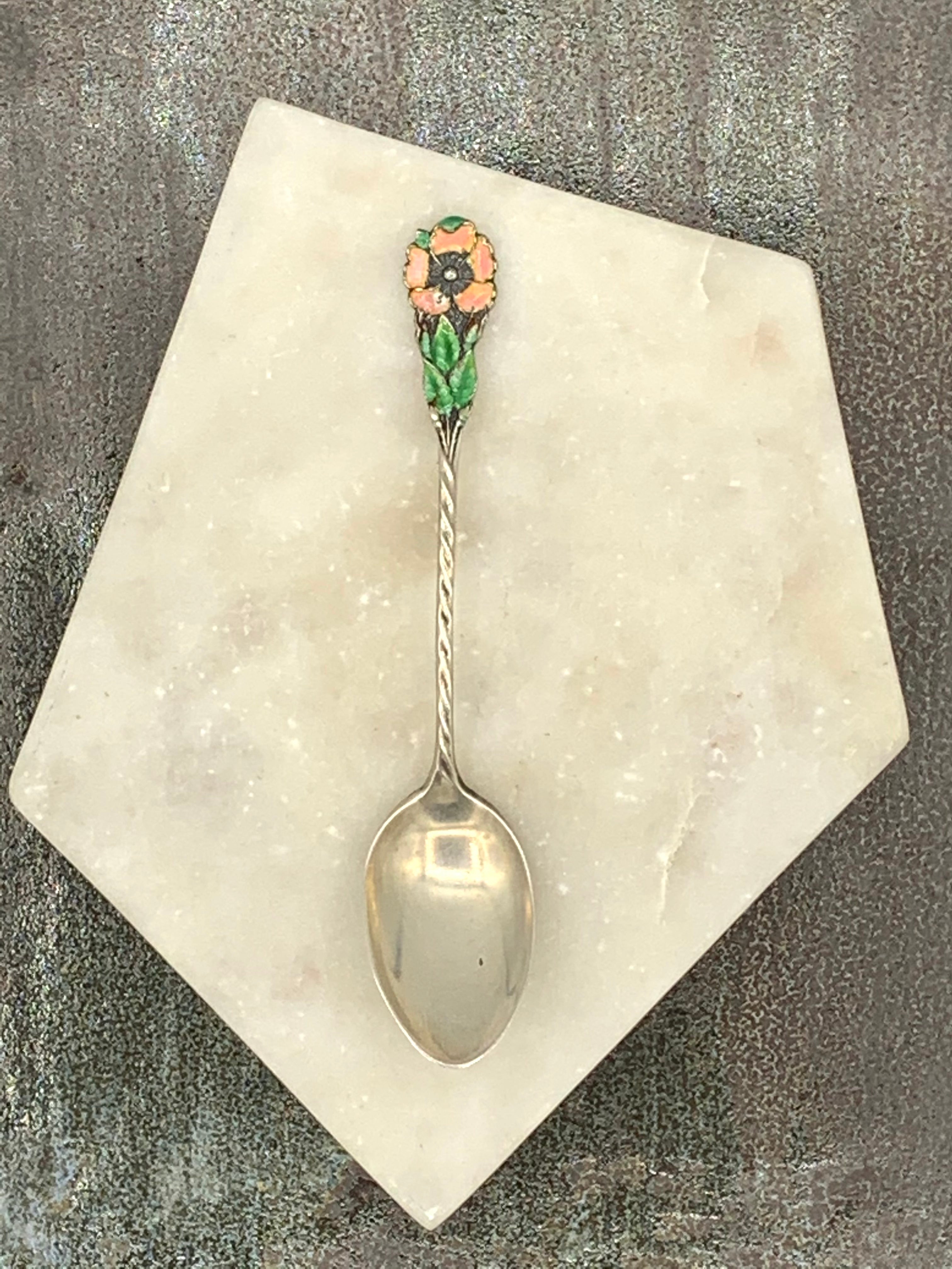Gorham Sterling Silver Demitasse Spoon w/ Colored Enamel Flower Handle Vintage Flatware, Collectible