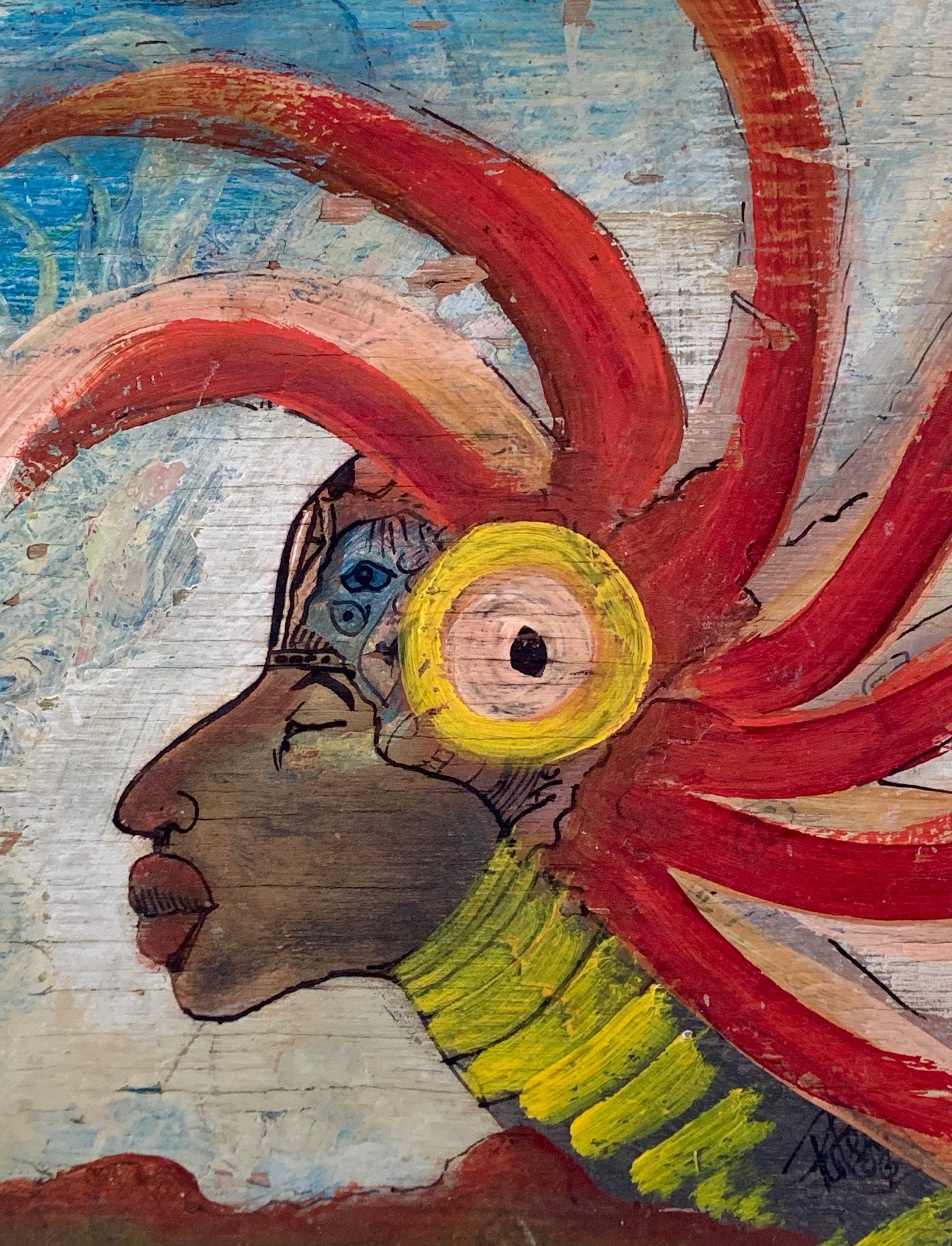 Artist Signed Folk Art Mixed Media Painting on Wood Colorful Portrait of Woman w/ Headdress