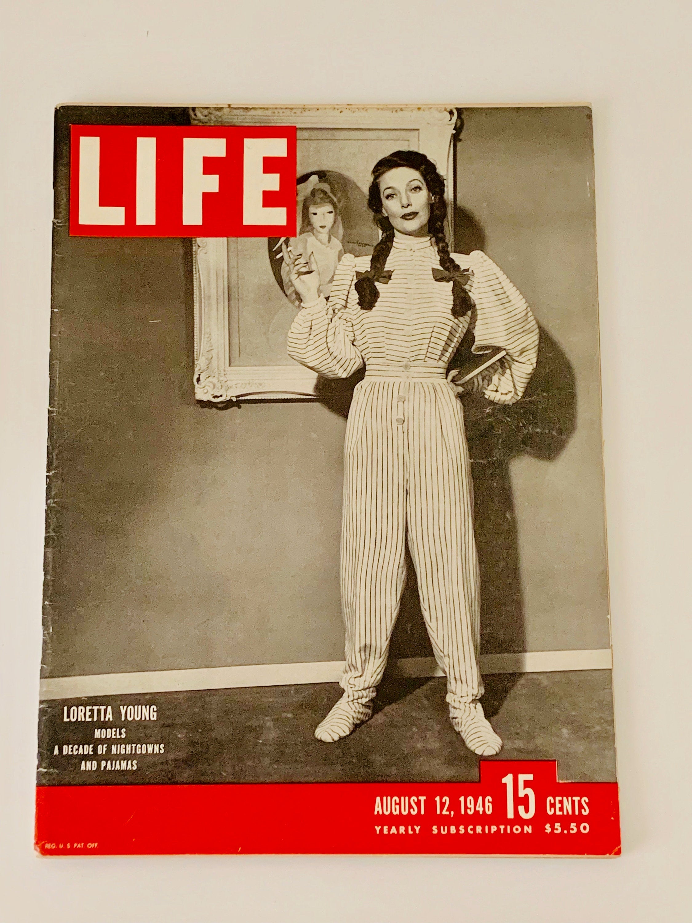 Life Magazine August 12, 1946 "Loretta Young Models A decade of Nightgowns & Pajamas" Vintage Reading Photography Fashion Style Collectible