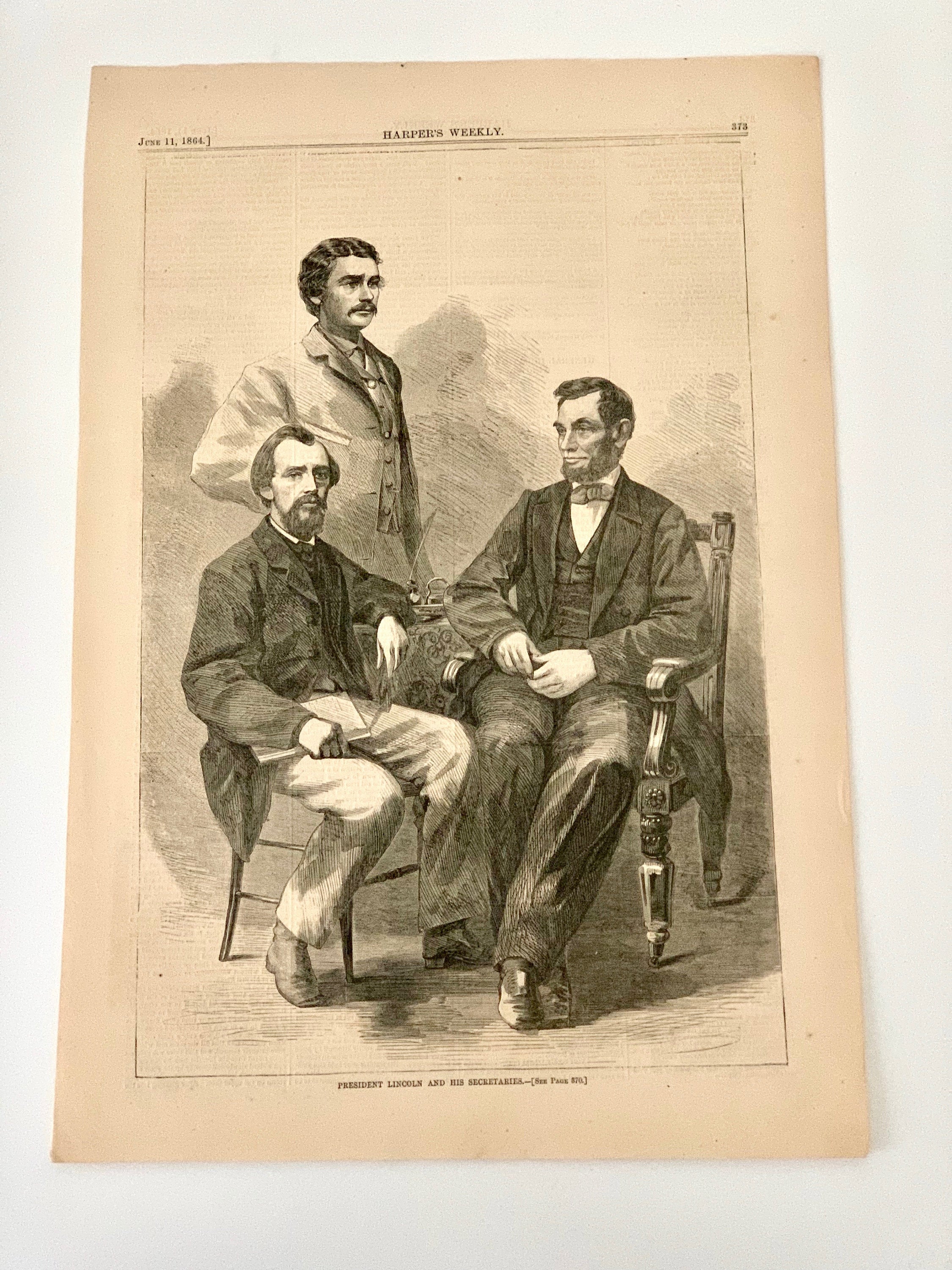Harper's Weekly Journal of Civilization Illustration of  President "Abraham Lincoln and his Secretaries" June 11, 1864, Newsprint, Art