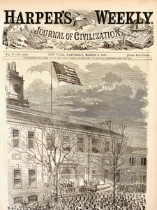 Harper's Weekly Journal President Lincoln Hoisting The American Flag Thirty Four Stars Upon Independence Hall Philadelphia 1861