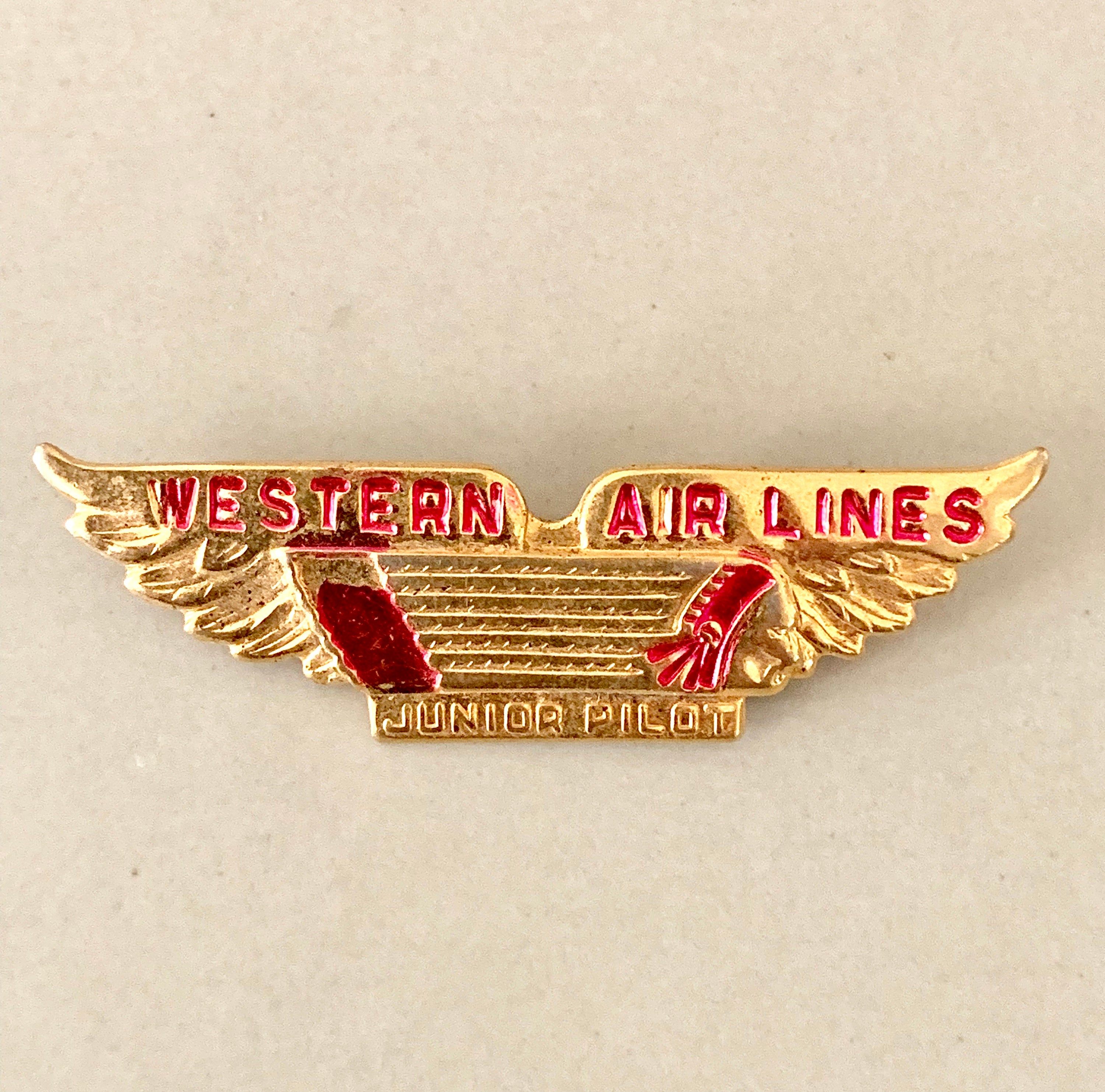Vintage Retro Western Airlines Junior Pilot Pin Wings Aviation Red and Gold Lapel Pin