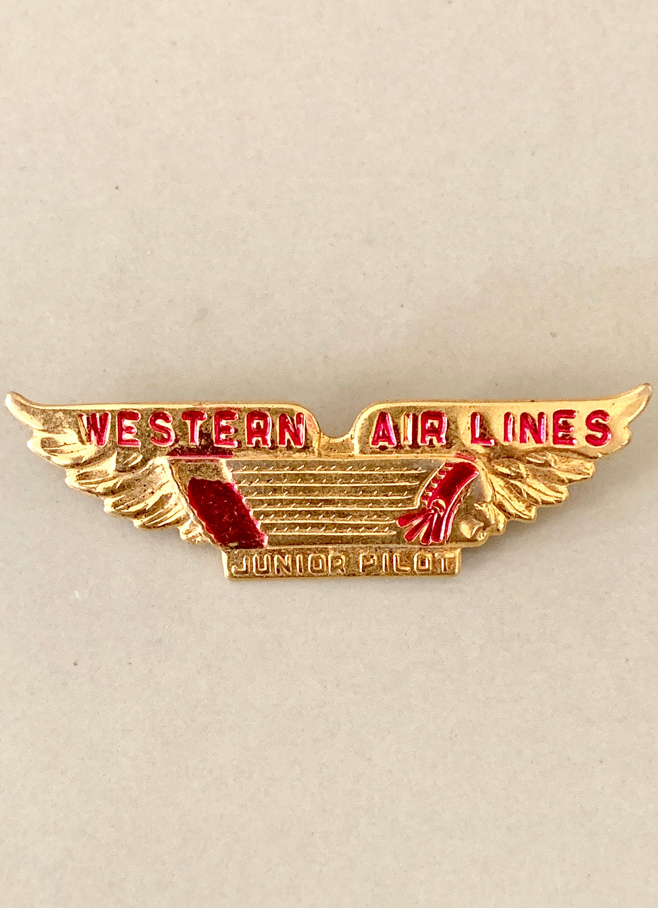 Vintage Retro Western Airlines Junior Pilot Pin Wings Aviation Red and Gold Lapel Pin