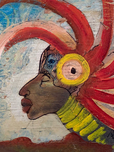 Artist Signed Folk Art Mixed Media Painting on Wood Colorful Portrait of Woman w/ Headdress