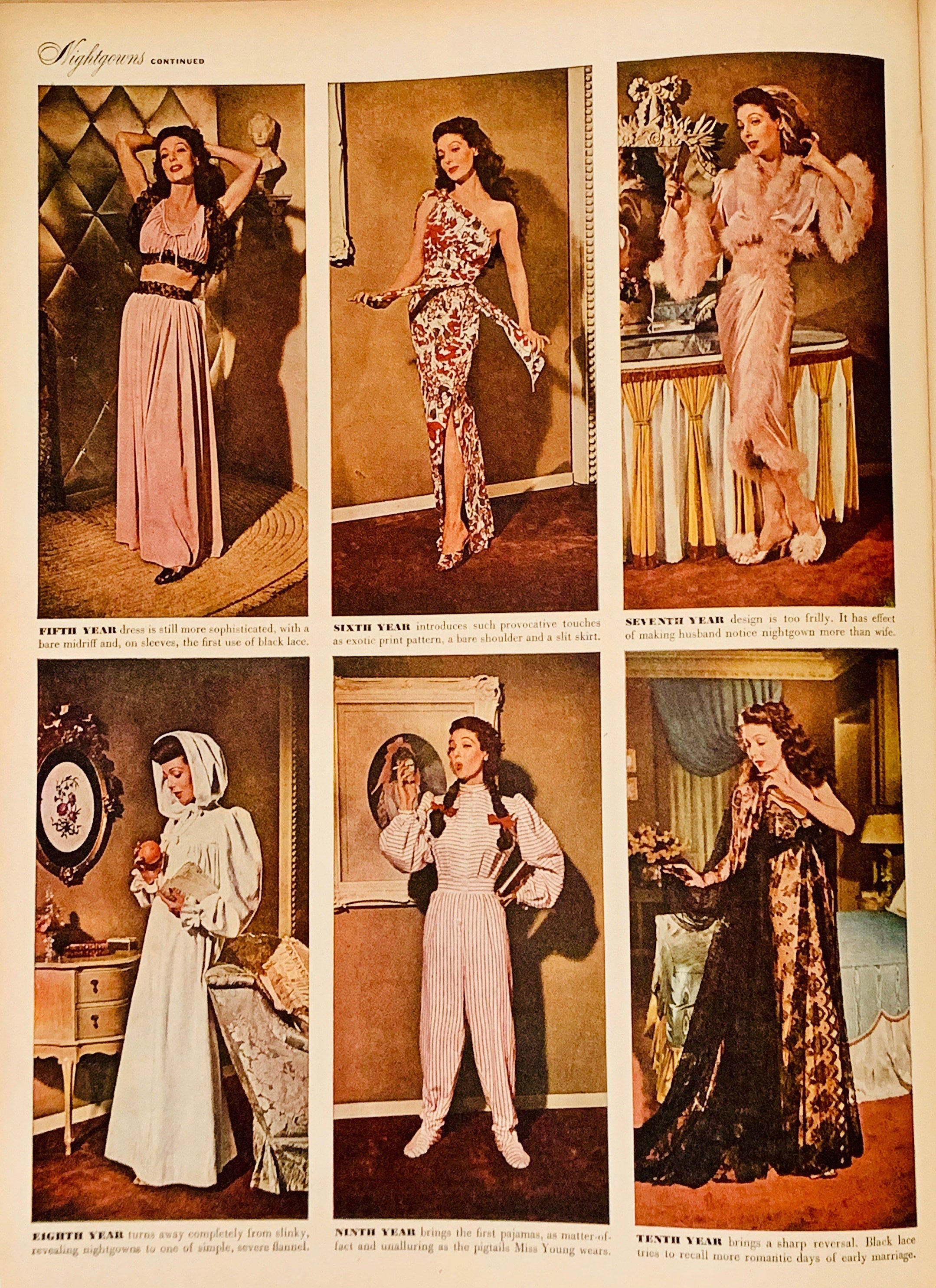 Life Magazine August 12, 1946 "Loretta Young Models A decade of Nightgowns & Pajamas" Vintage Reading Photography Fashion Style Collectible