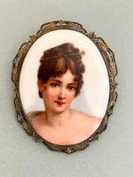 Load image into Gallery viewer, Hand Painted Porcelain Brooch w/ Locking C Clasp, Ornate Metal Setting Victorian Jewelry
