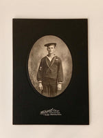 Load image into Gallery viewer, Vintage Black &amp; White Photograph, Portrait of Young Man in Navy Uniform Sailor, Imperial Studio 22 Tremont Row Boston, MA
