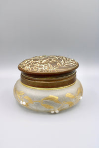 Antique Vintage Vanity Dresser Powder Jar Art Nouveau w/ Repousse Brass Lid w/ Patina Antique Finish