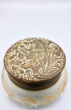 Antique Vanity Dresser Powder Jar Art Nouveau w/ Repousse Brass Lid