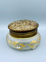 Load image into Gallery viewer, Antique Vintage Vanity Dresser Powder Jar Art Nouveau w/ Repousse Brass Lid w/ Patina Antique Finish
