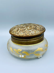 Antique Vintage Vanity Dresser Powder Jar Art Nouveau w/ Repousse Brass Lid w/ Patina Antique Finish