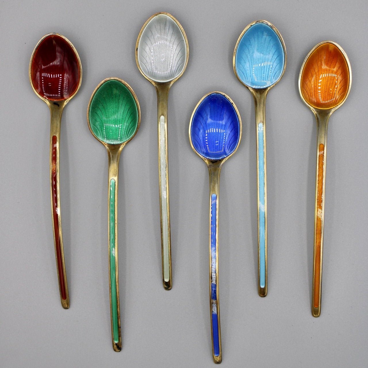 Set of 6 N.M Thune 925 Gilt Sterling Silver Demitasse Spoons Art Deco Norwegian Silver