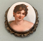 Load image into Gallery viewer, Hand Painted Porcelain Brooch w/ Locking C Clasp, Ornate Metal Setting Victorian Jewelry
