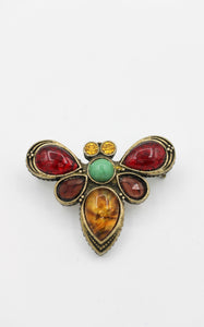 Vintage LE Bee Brooch w/ Locking C Clasp Multicolored Amber & Rhinestones Jewelry Pin Accessories
