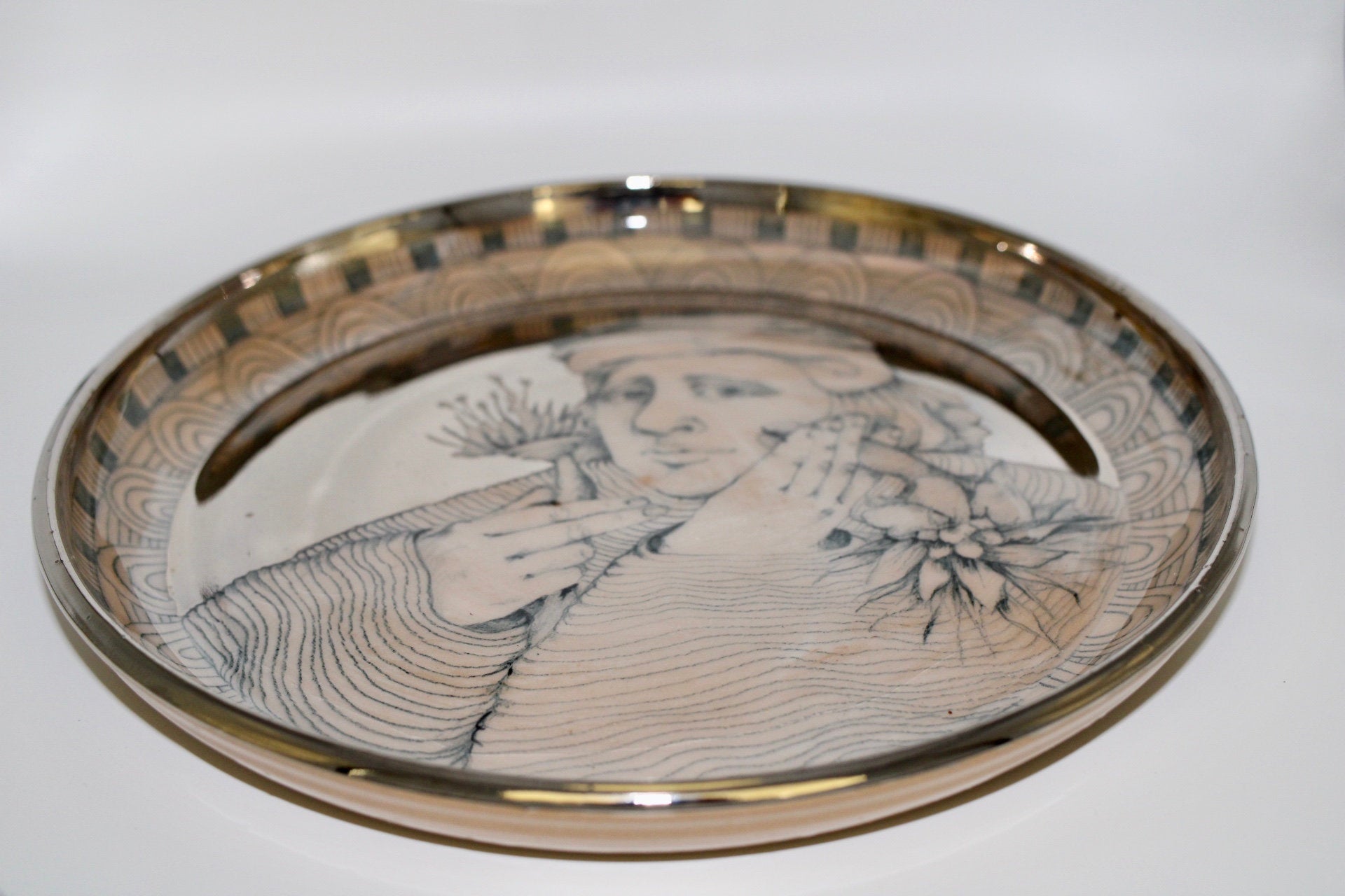 Mary Lou Higgins & Edward Higgins Ceramic Plate 1976 High Gloss Silver Glaze Portrait
