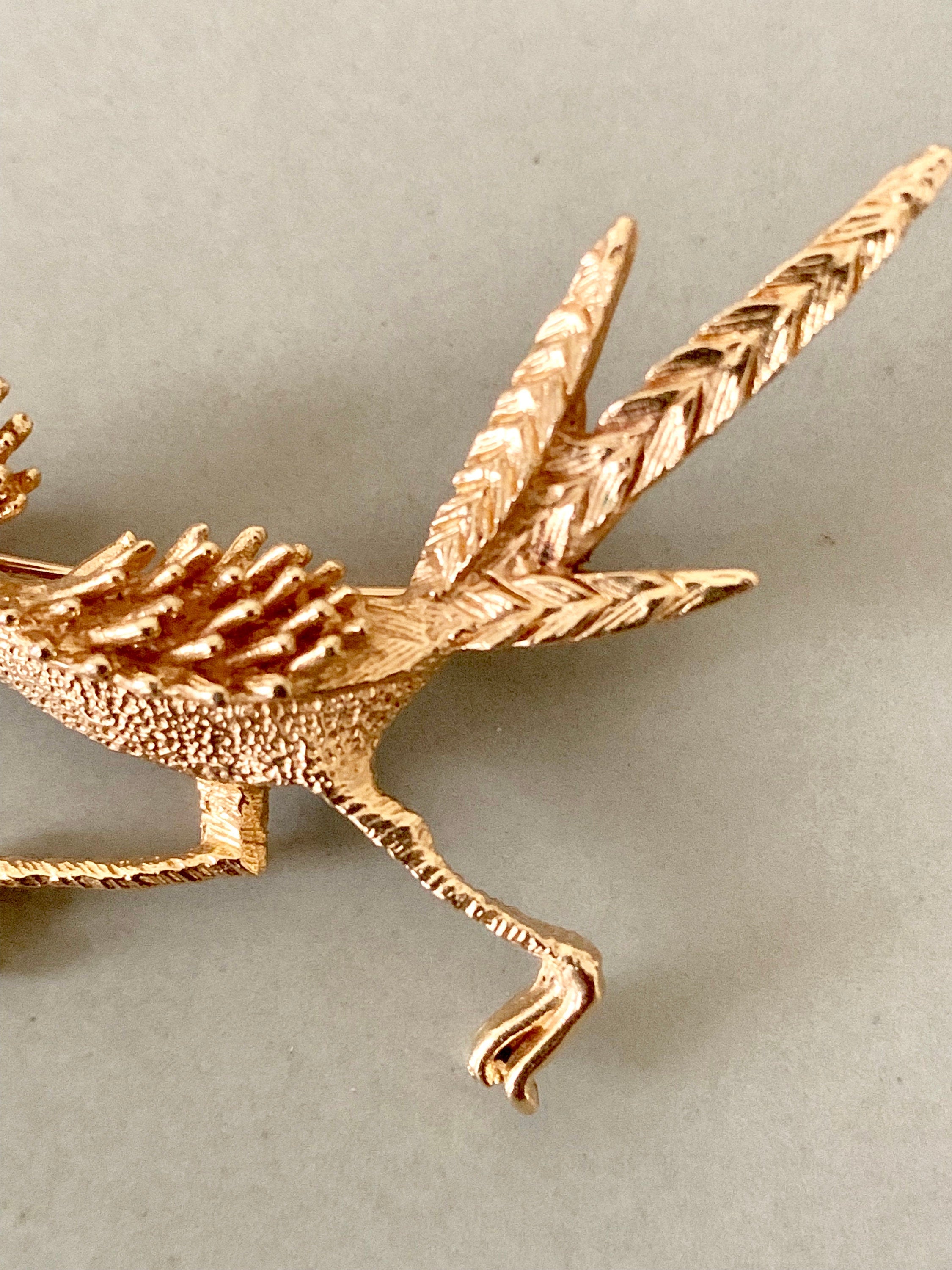 Vintage 14K Yellow Gold & Ruby Road Runner Brooch