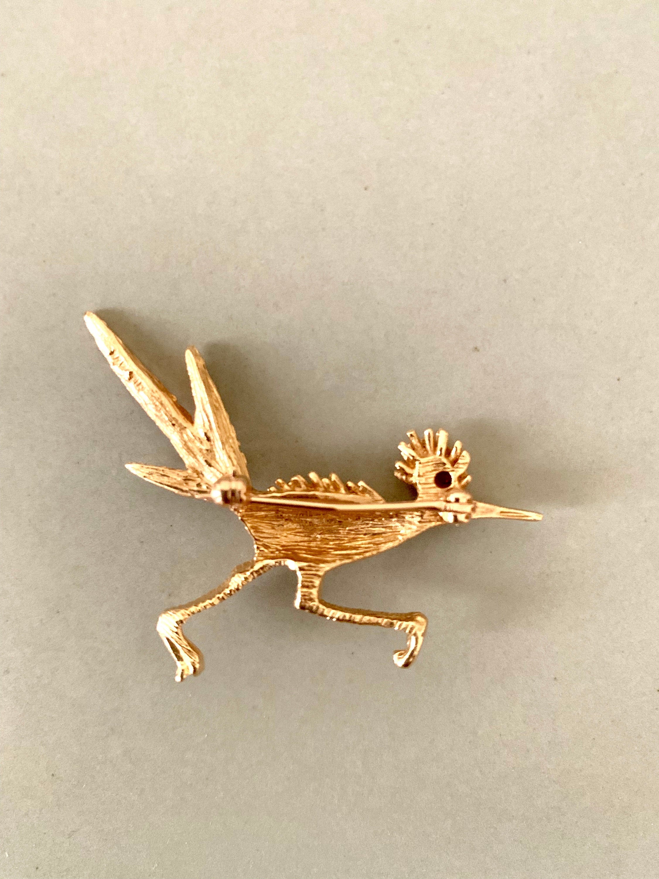 Vintage 14K Yellow Gold & Ruby Road Runner Brooch