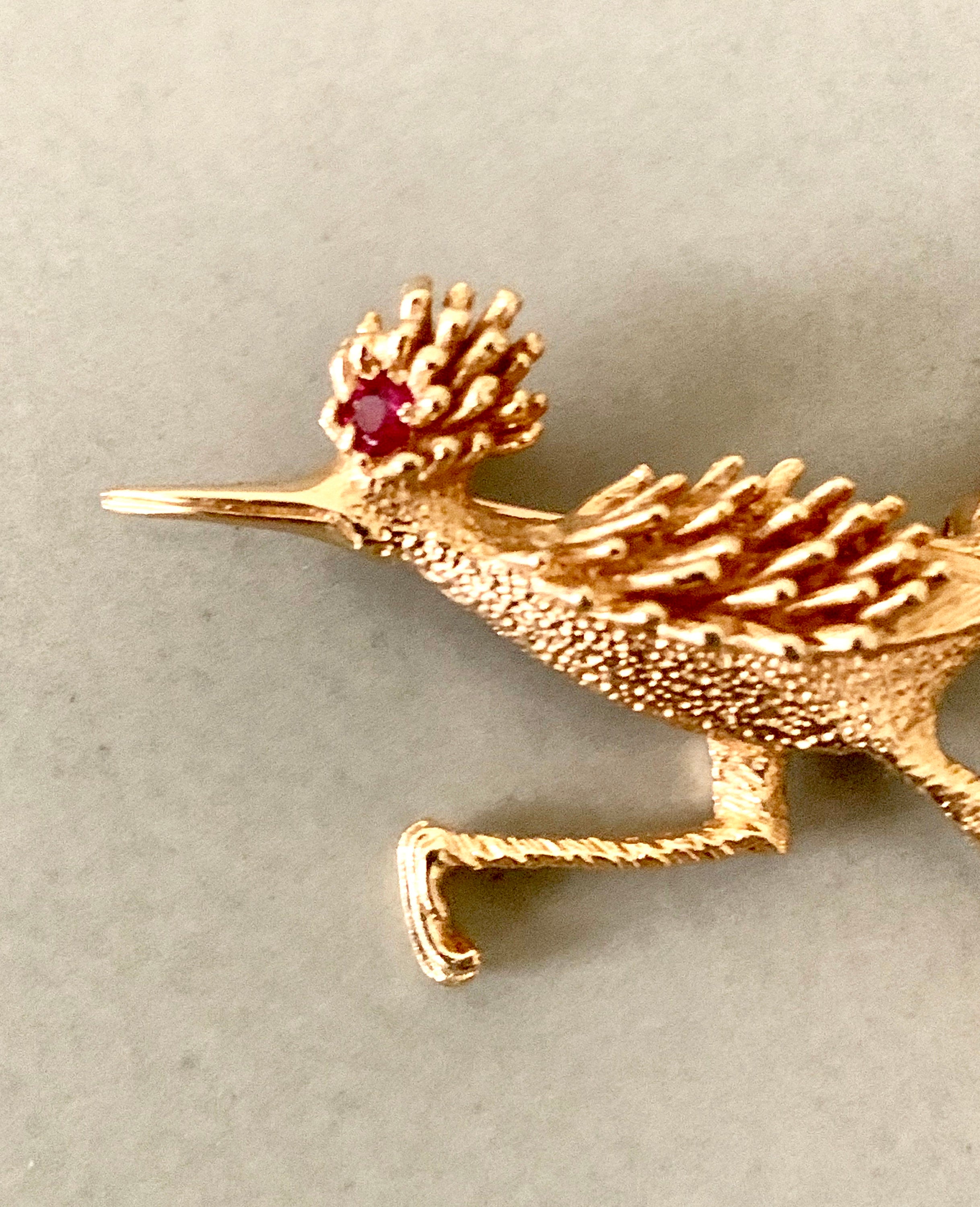 Vintage 14K Yellow Gold & Ruby Road Runner Brooch