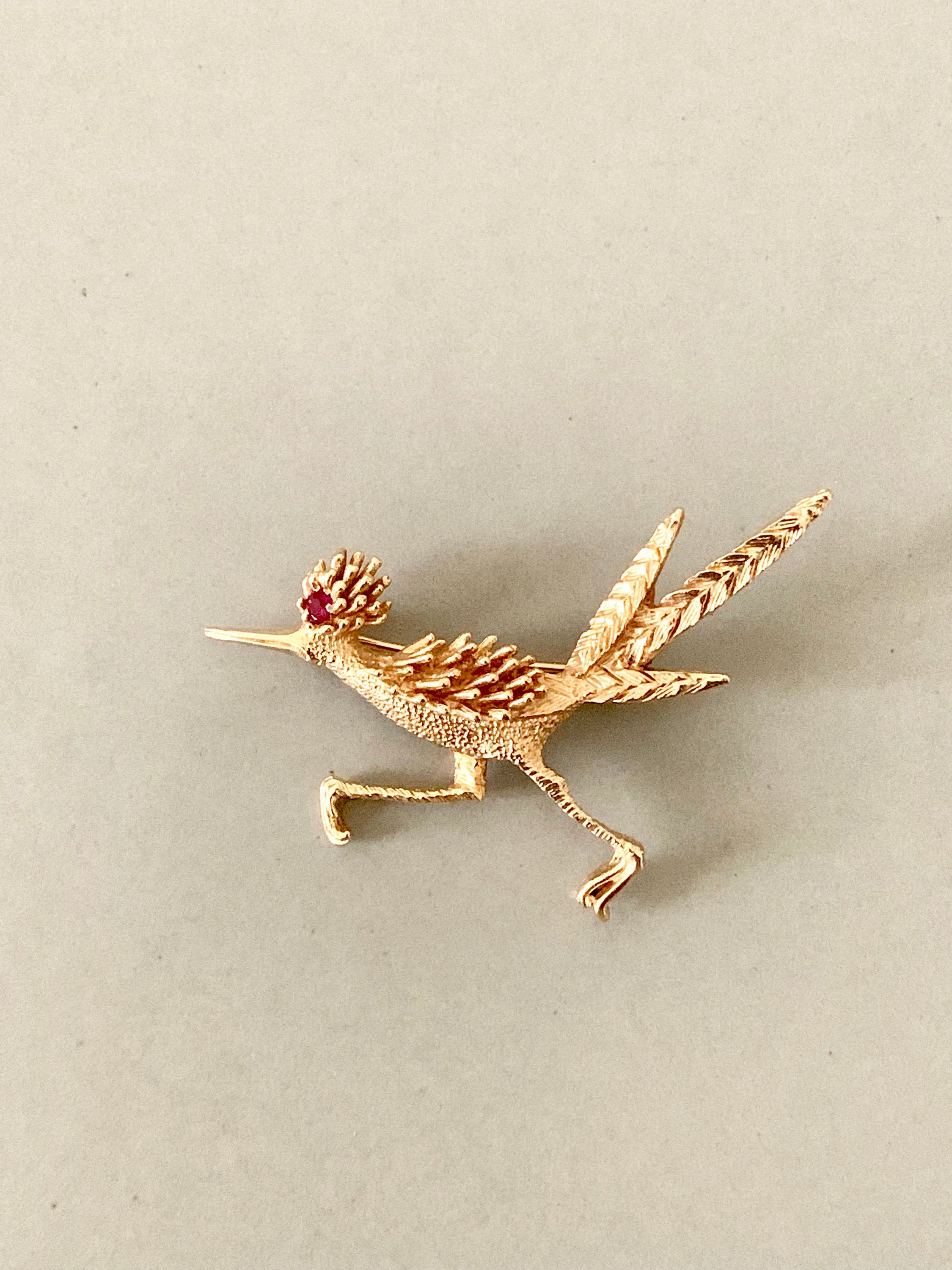 Vintage 14K Yellow Gold & Ruby Road Runner Brooch