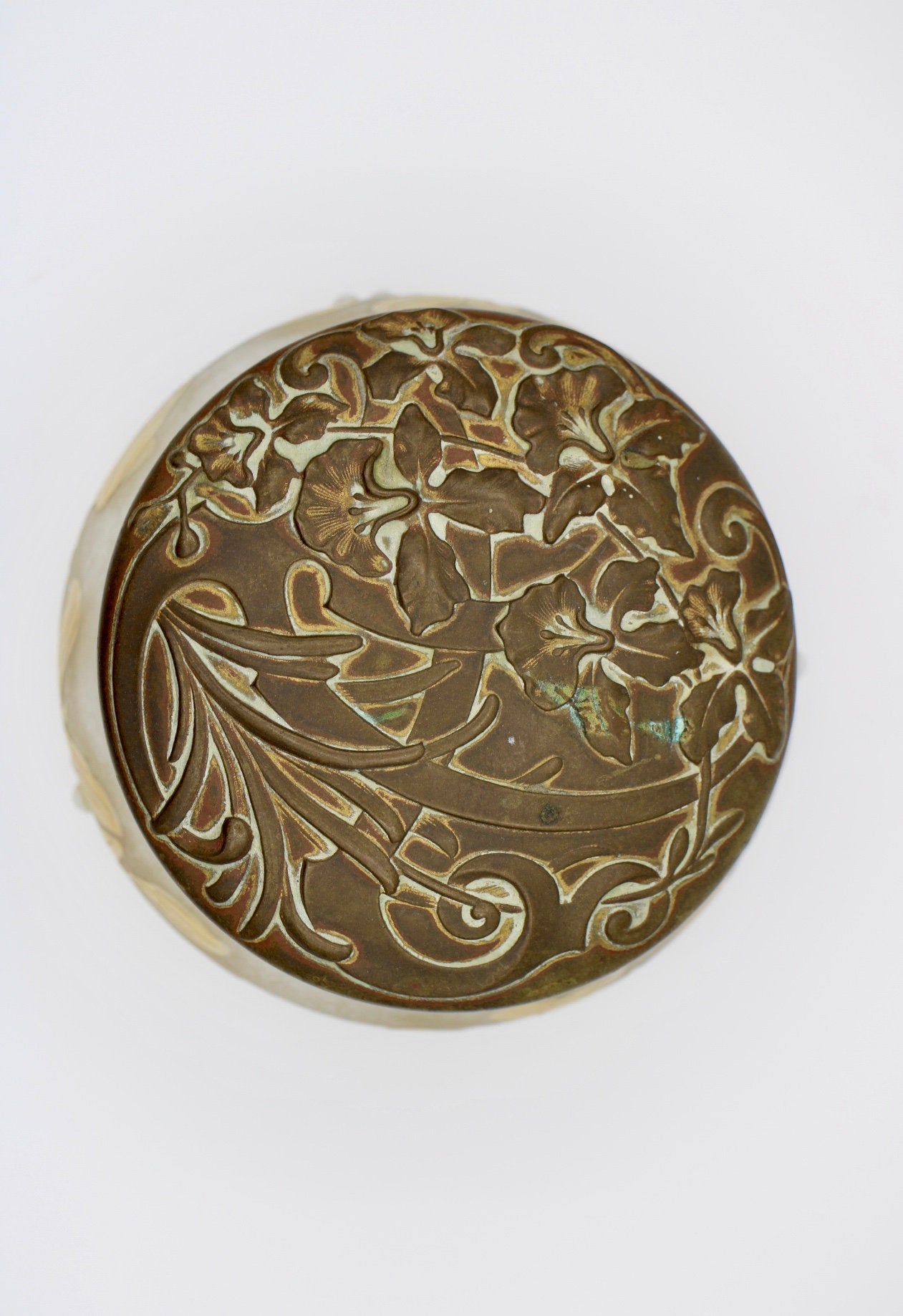 Antique Vanity Dresser Powder Jar Art Nouveau w/ Repousse Brass Lid