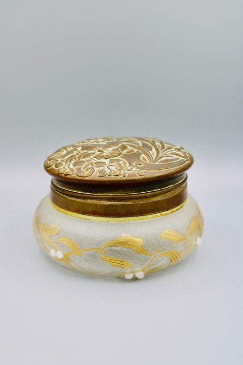 Antique Vanity Dresser Powder Jar Art Nouveau w/ Repousse Brass Lid