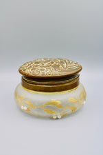 Load image into Gallery viewer, Antique Vintage Vanity Dresser Powder Jar Art Nouveau w/ Repousse Brass Lid w/ Patina Antique Finish
