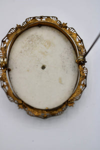 Hand Painted Porcelain Brooch w/ Locking C Clasp, Ornate Metal Setting Victorian Jewelry