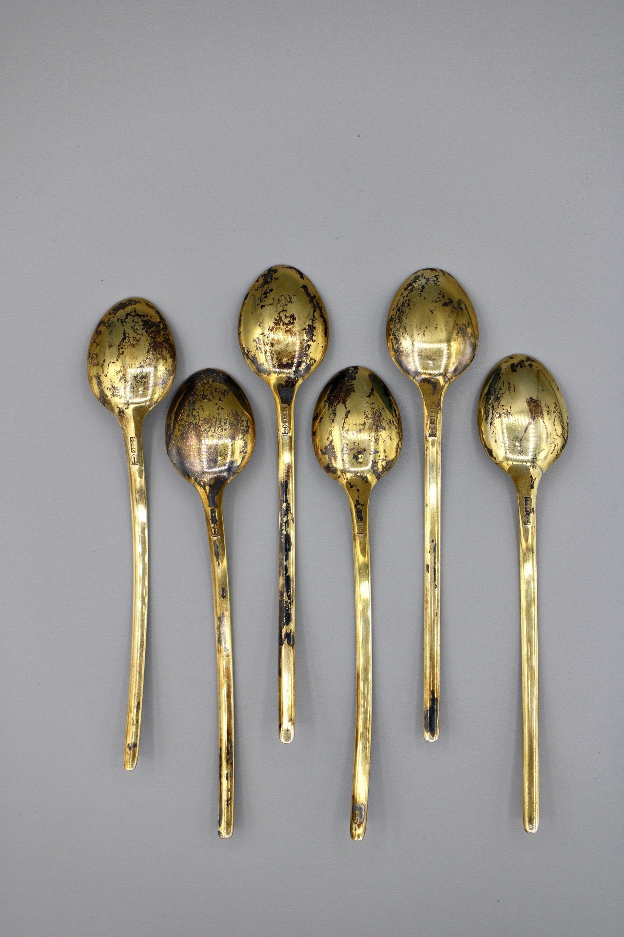 Set of 6 N.M Thune 925 Gilt Sterling Silver Demitasse Spoons Art Deco Norwegian Silver