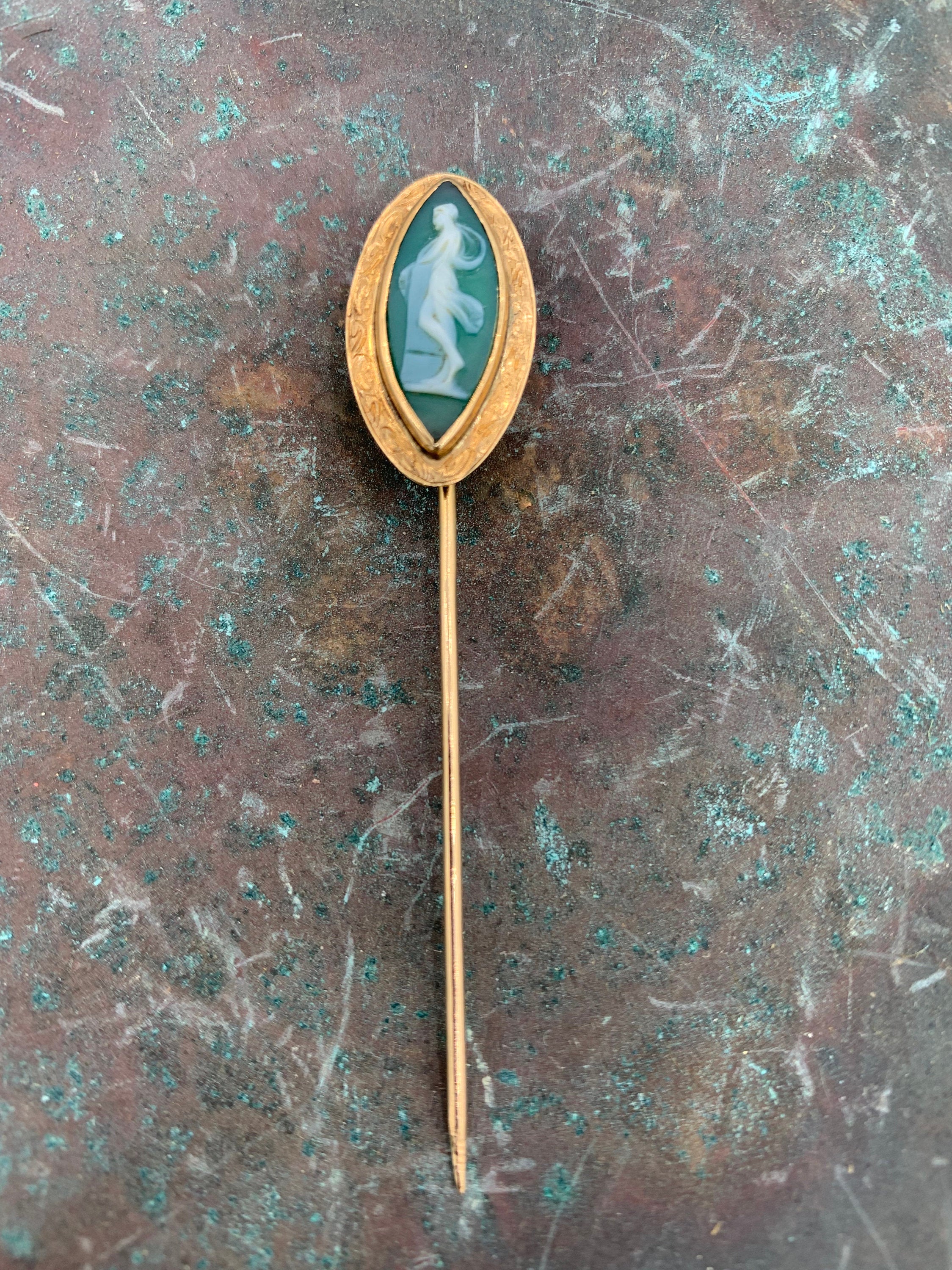 Vintage Agate Cameo & 14k Gold Stick Pin Antique Style Accessories