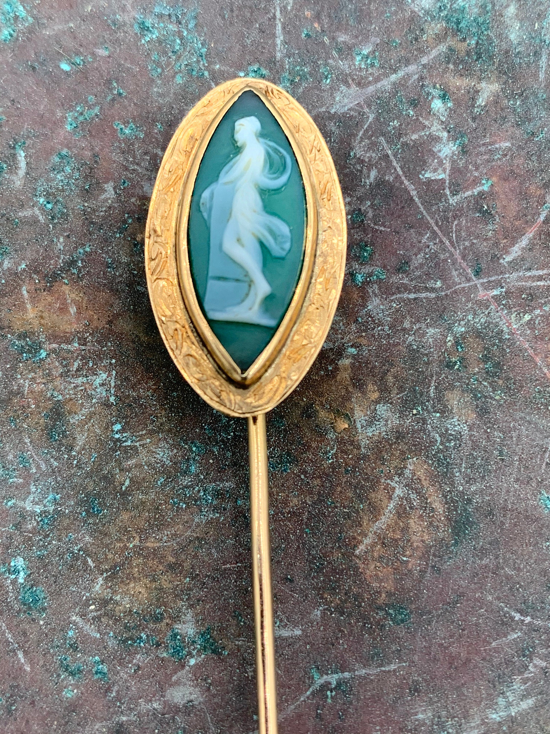 Vintage Agate Cameo & 14k Gold Stick Pin Antique Style Accessories