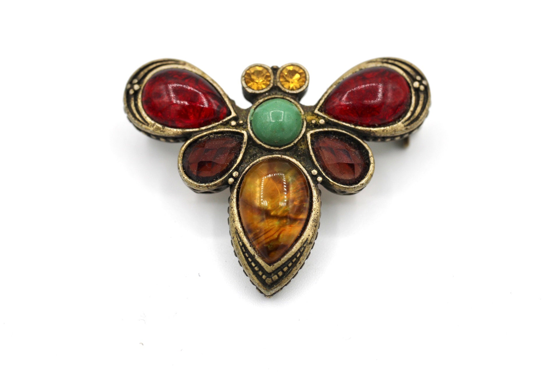 Vintage LE Bee Brooch w/ Locking C Clasp Multicolored Amber & Rhinestones Jewelry Pin Accessories