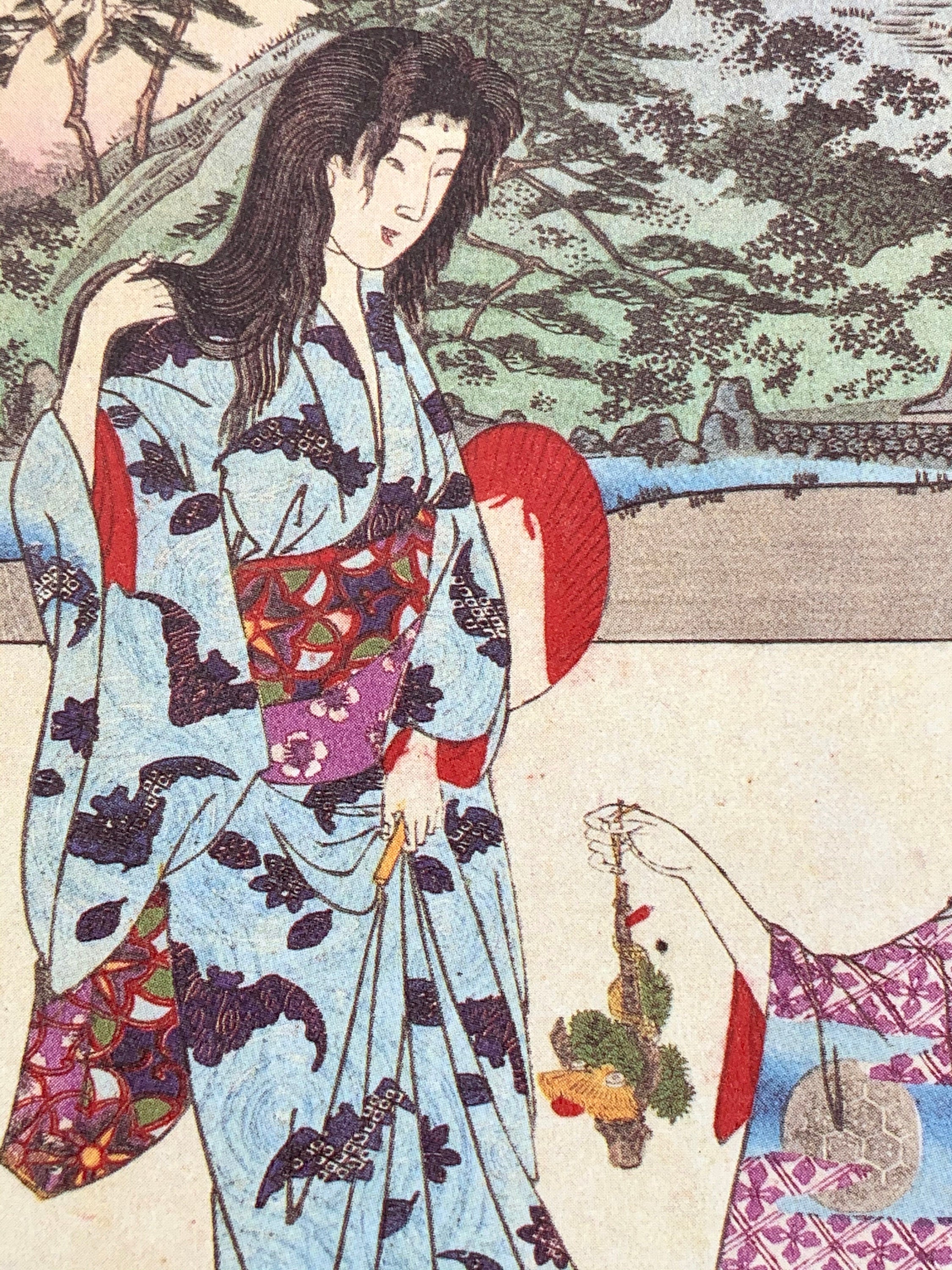 Postcard, Artist Yōshū Chikanobu (Toyohara Chikanobu) Japanese Art, Woodblock Print, Ukiyo-e , Mt. Fuji in Precinct Fukagawa Hachiman Shrine