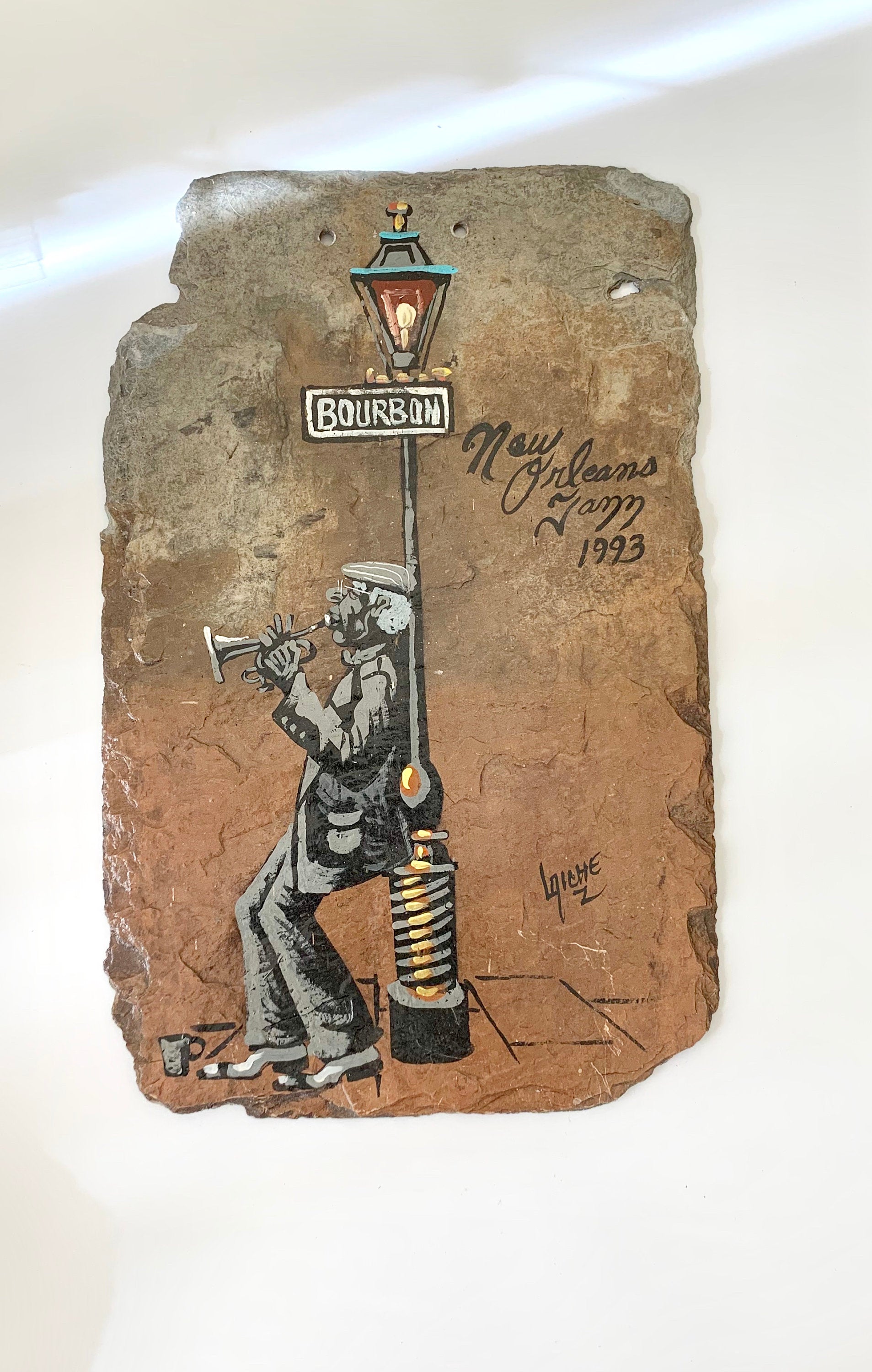 Original Art Signed Painting on Slate "New Orleans Jazz" Musician 1993 Bourbon Street