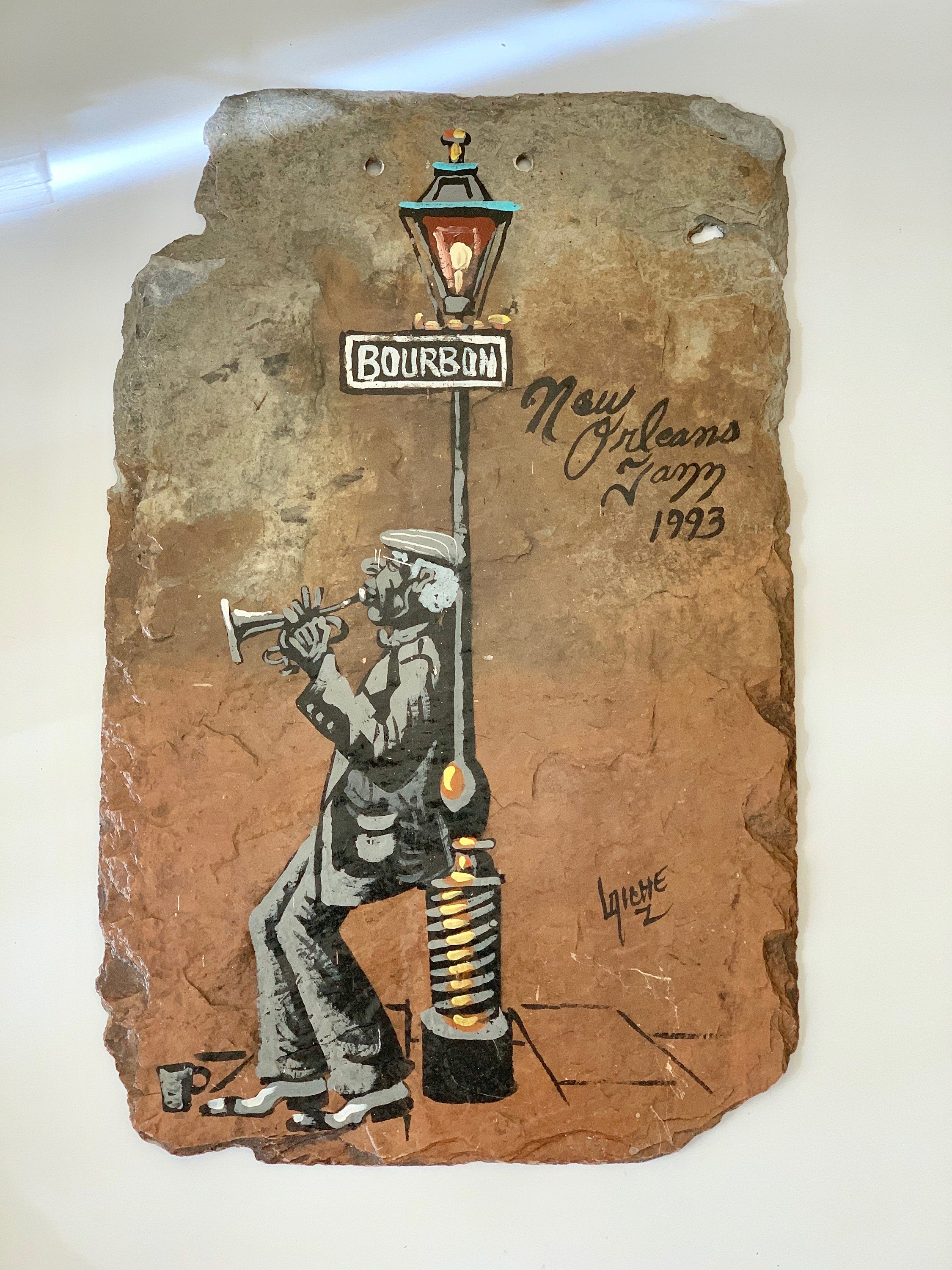 Original Art Signed Painting on Slate "New Orleans Jazz" Musician 1993 Bourbon Street
